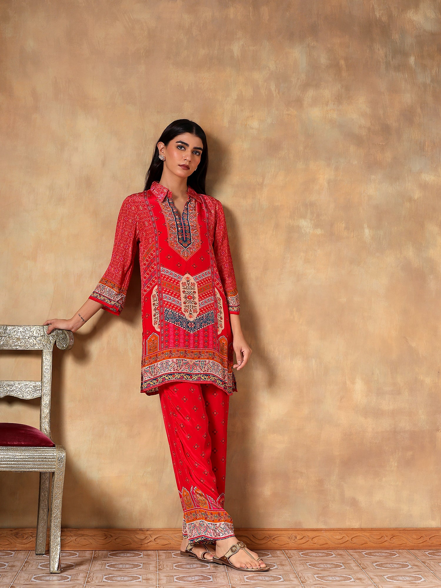 Red Printed Set Crafted In soft Natural Crepe- Set Of 2 - {1062}