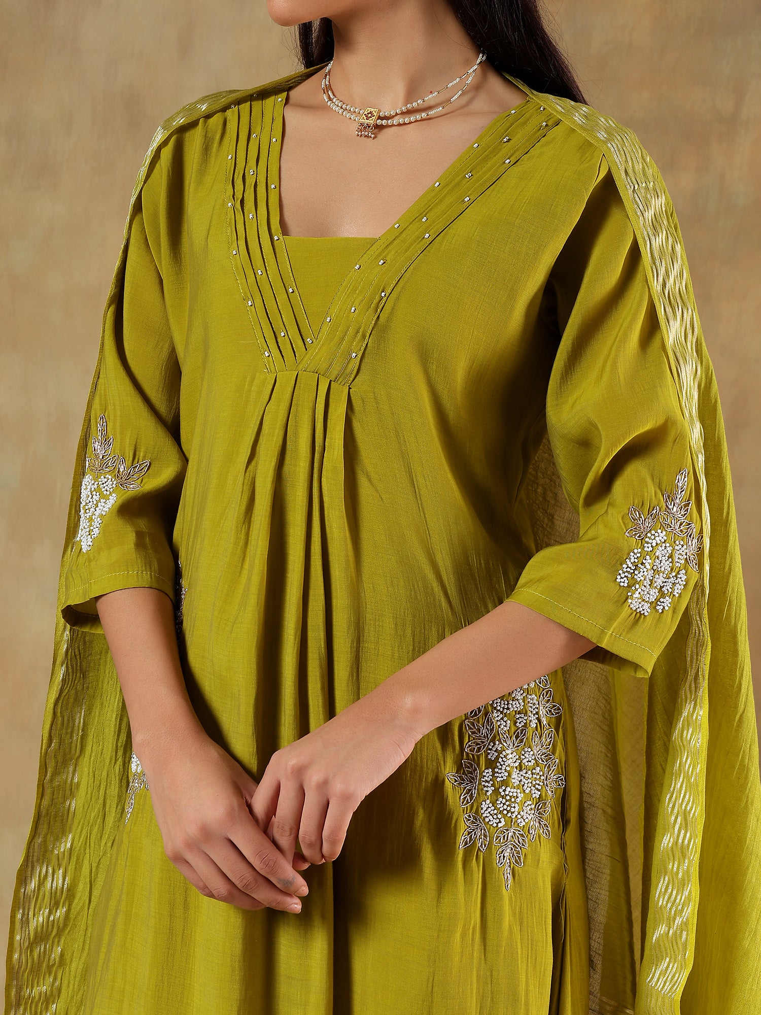 Ishani Olive Mul Chanderi Embroidered 3-Piece Set - {1072}