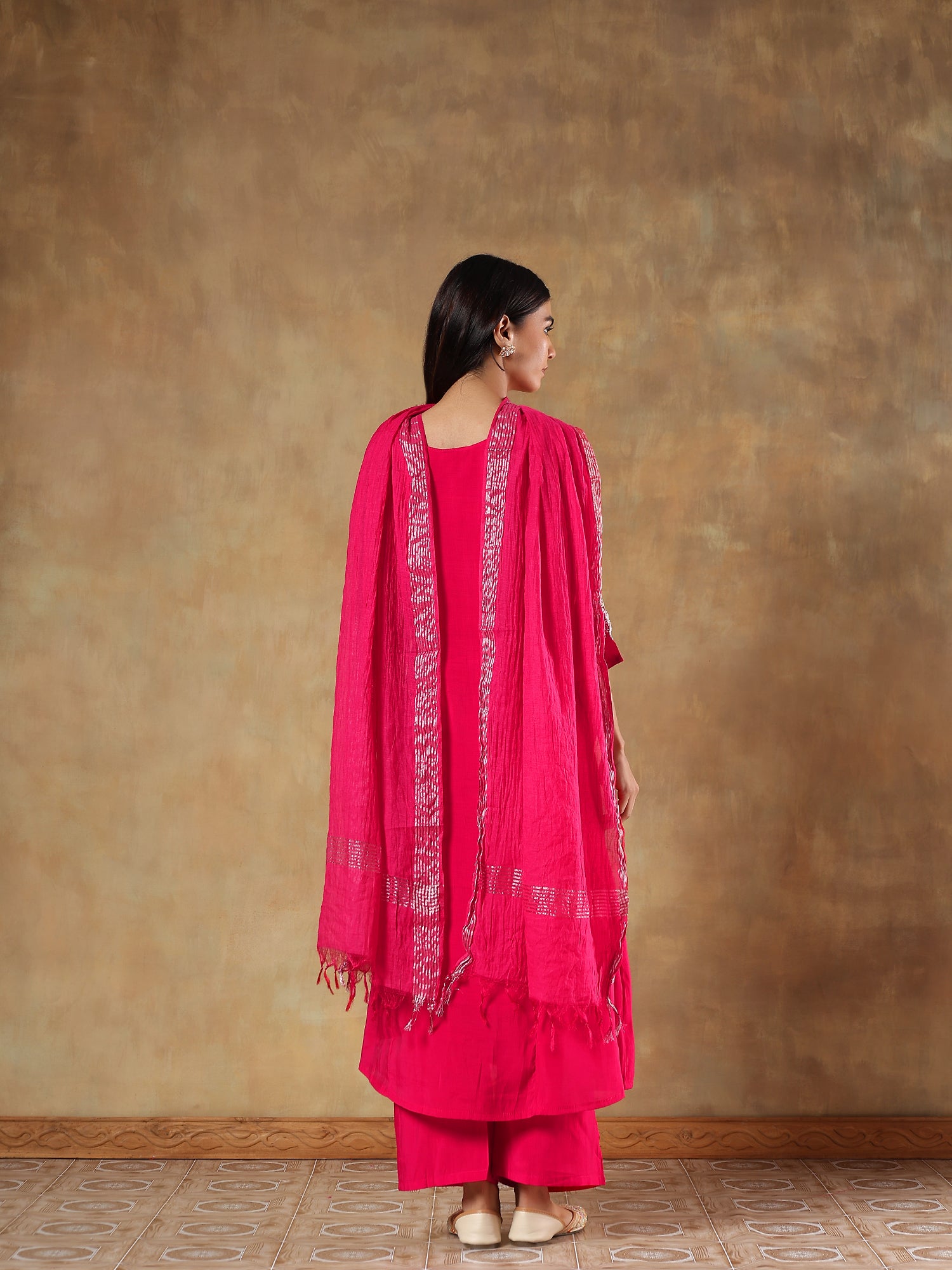 Aarini Fuchsia Mul Chanderi Embroidered 3-Piece Set - {1071/M}