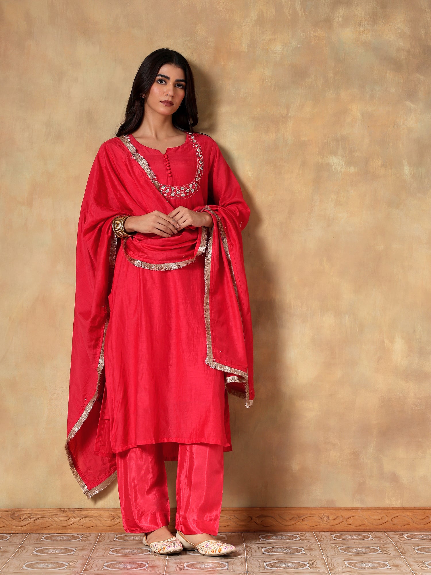 Crimson Red Embroidered Muslin 3-Piece Set - {2011}
