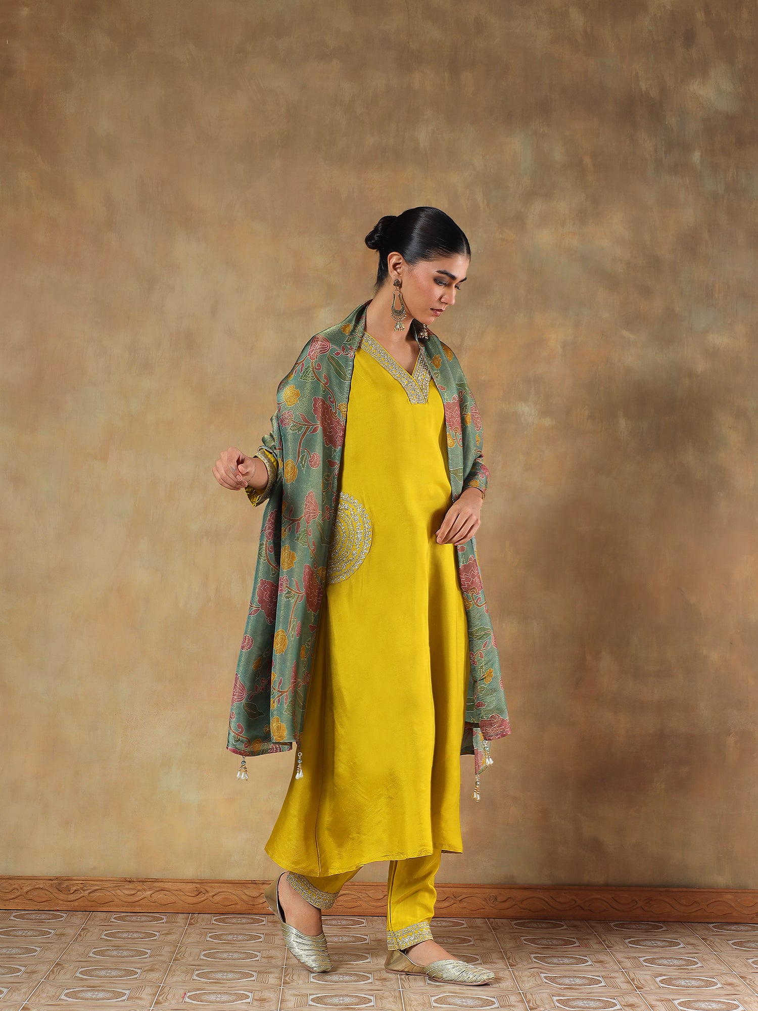 Ira Mustard Shimmer Silk Embroidered 3-Piece Set - {1065/M}