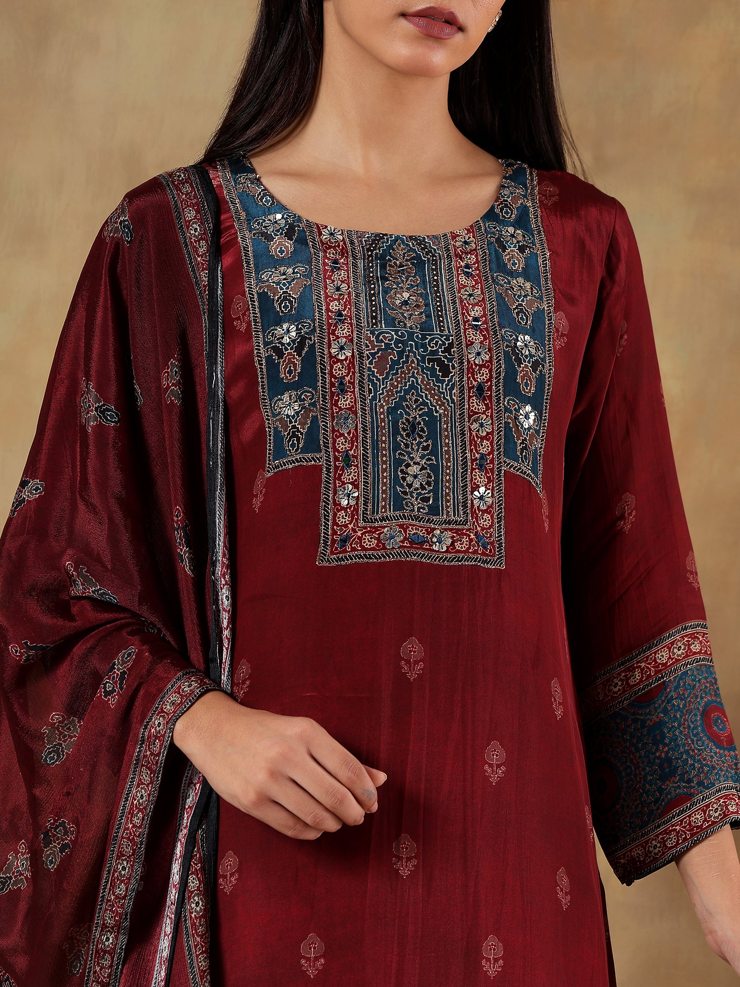 Mehar Maroon Natura Crepe Embroidered 3-Piece Set - {2002/M}