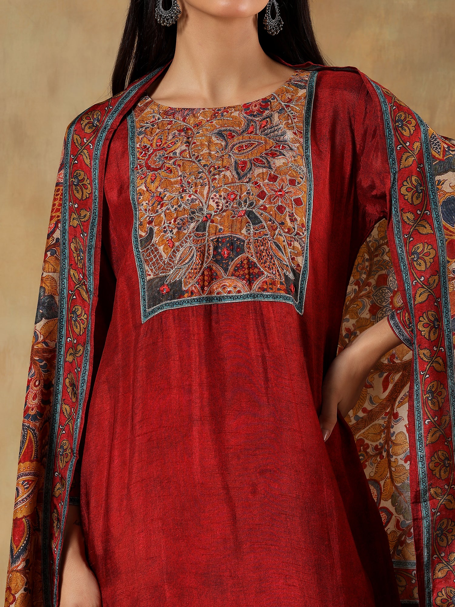 Nayantara Crimson Russian Silk Embroidered 3-Piece Set - {1073/M}
