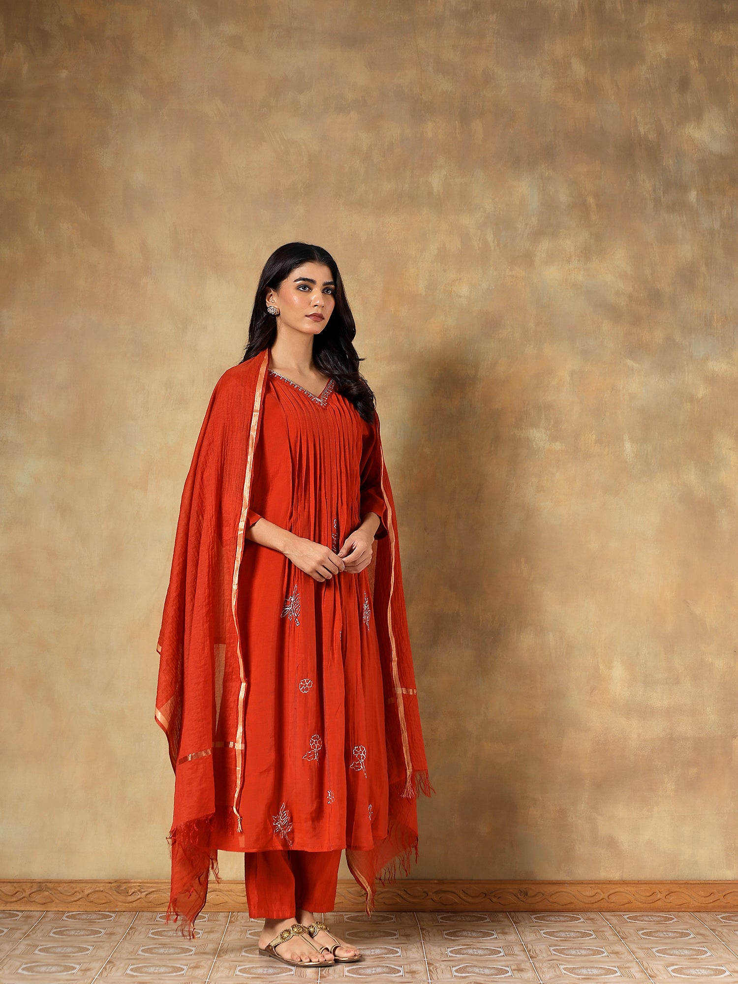 Sangria rust Mul Chanderi Embroidered 3-Piece Set - {1080}