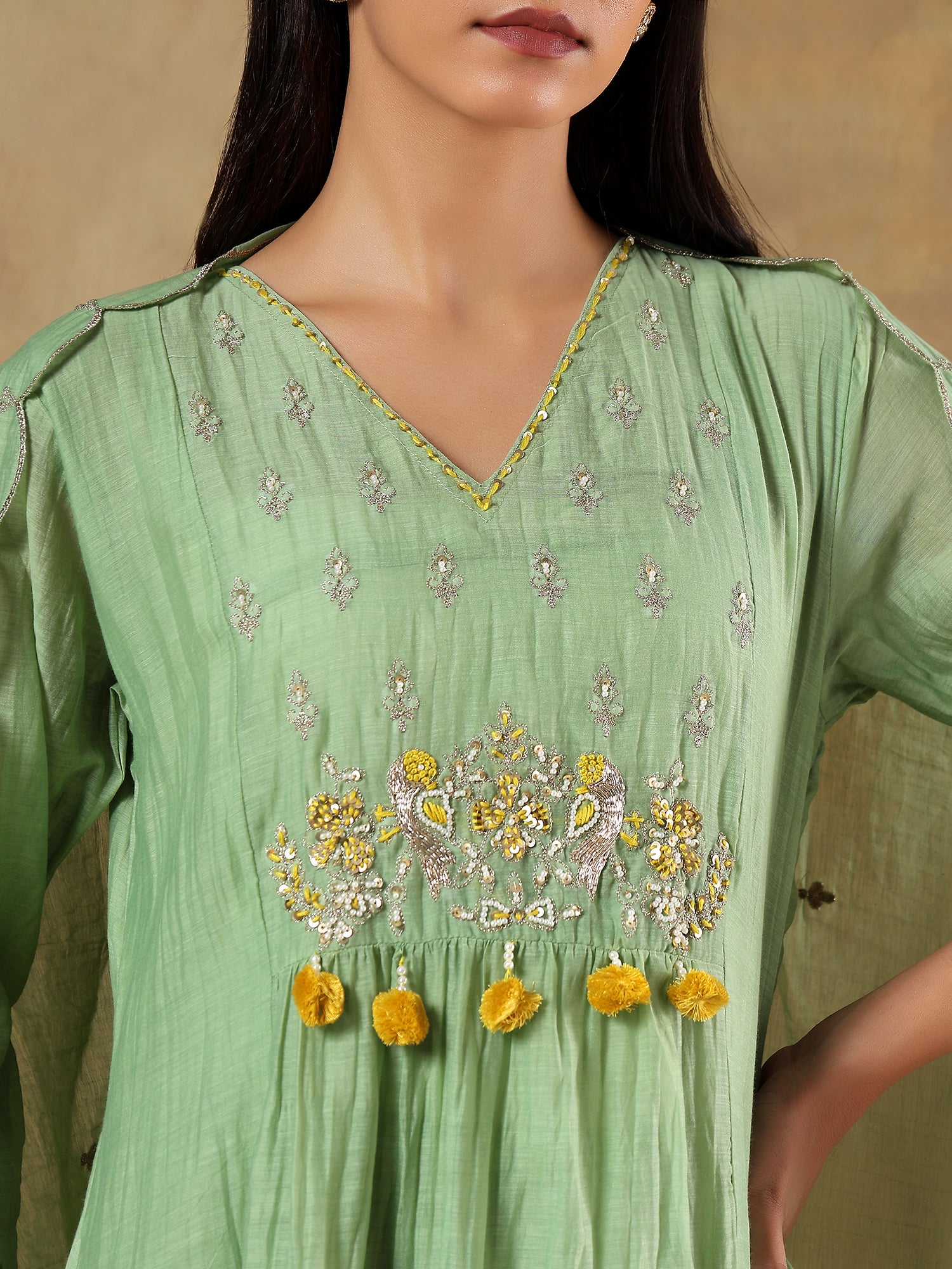 Kiyana Pistachio Mul Chanderi Embroidered 3-Piece Set - {1099/M}