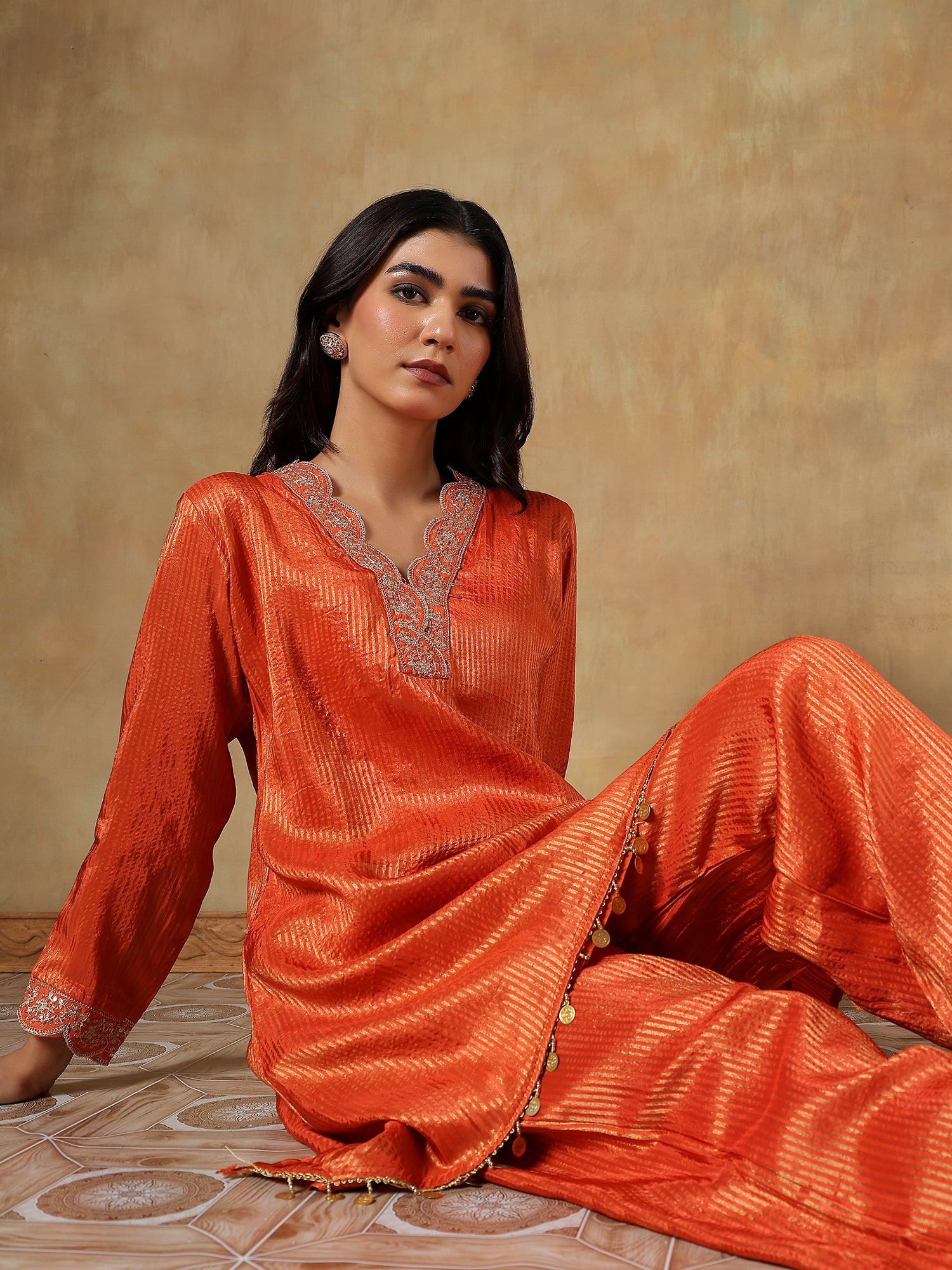 Striking Saffron-Orange Tissue-Silk Ensemble - Set Of 2- {1098}