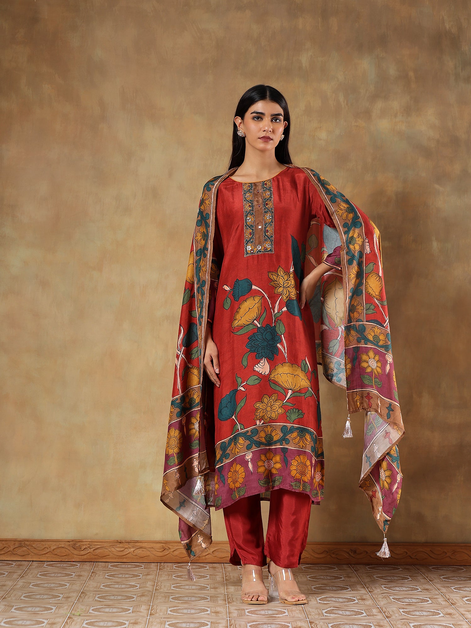 Devanshi Rust Muslin Silk Embroidered 3-Piece Set - {1075}