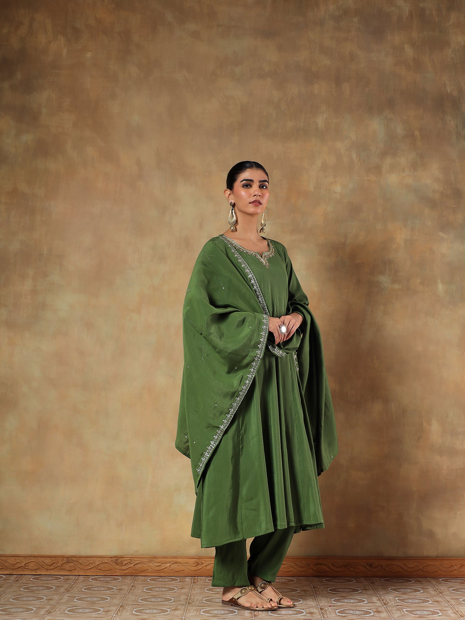 Aarvi Olive Crepe Silk Embroidered 3-Piece Set - {1094/M}