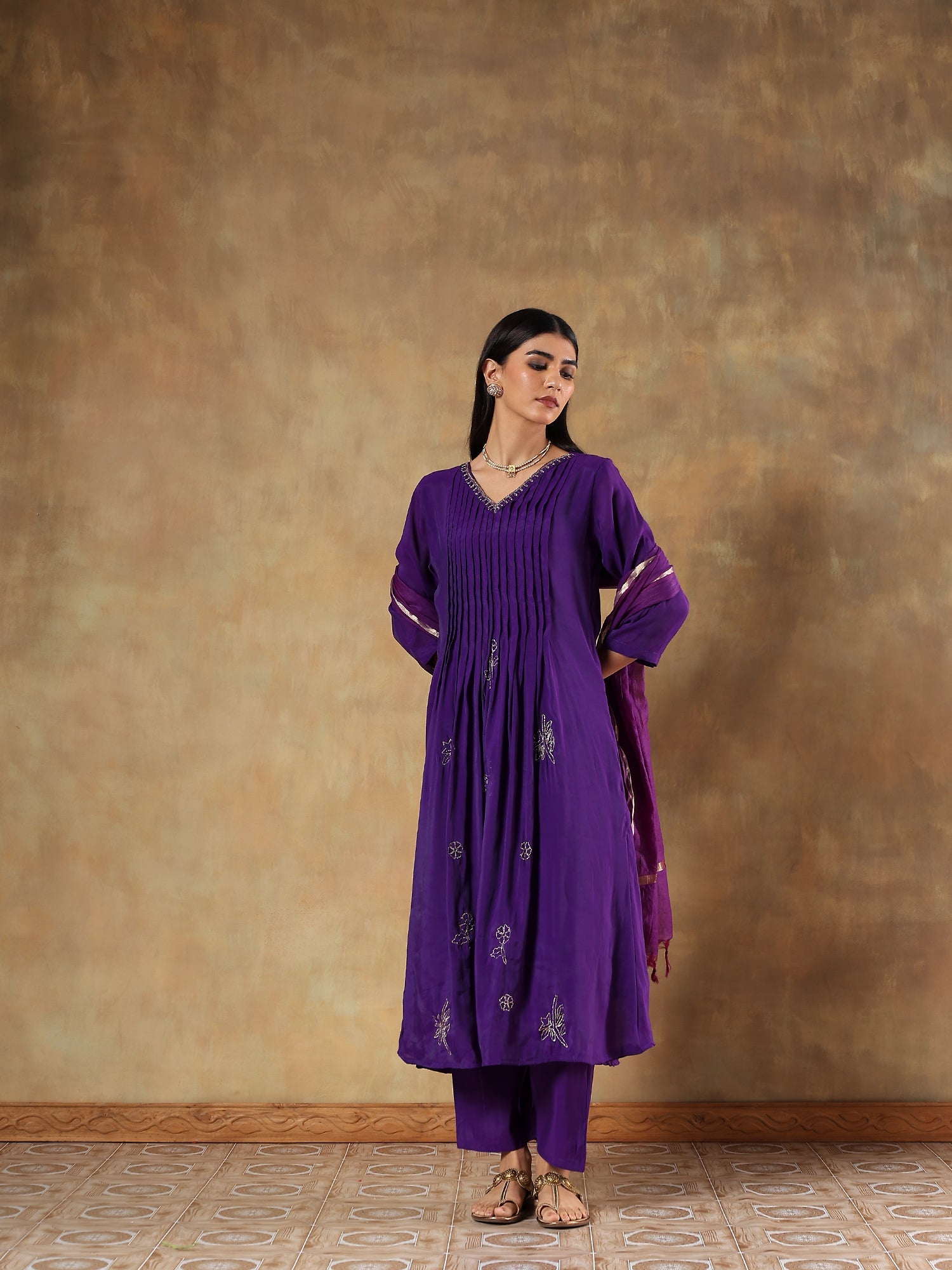 Amara Violet Premium Silk Embroidered 3-Piece Set - {1081}