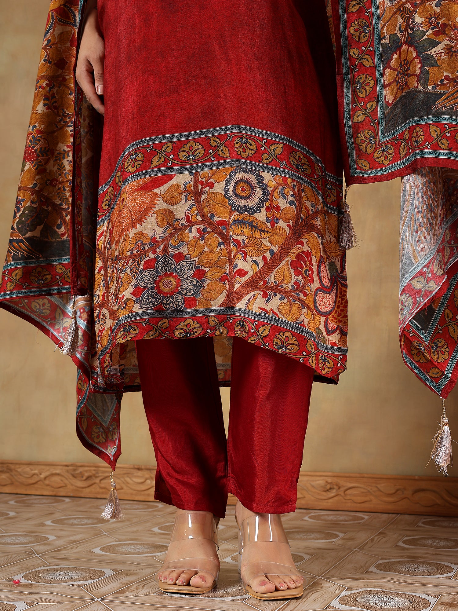 Nayantara Crimson Russian Silk Embroidered 3-Piece Set - {1073/M}