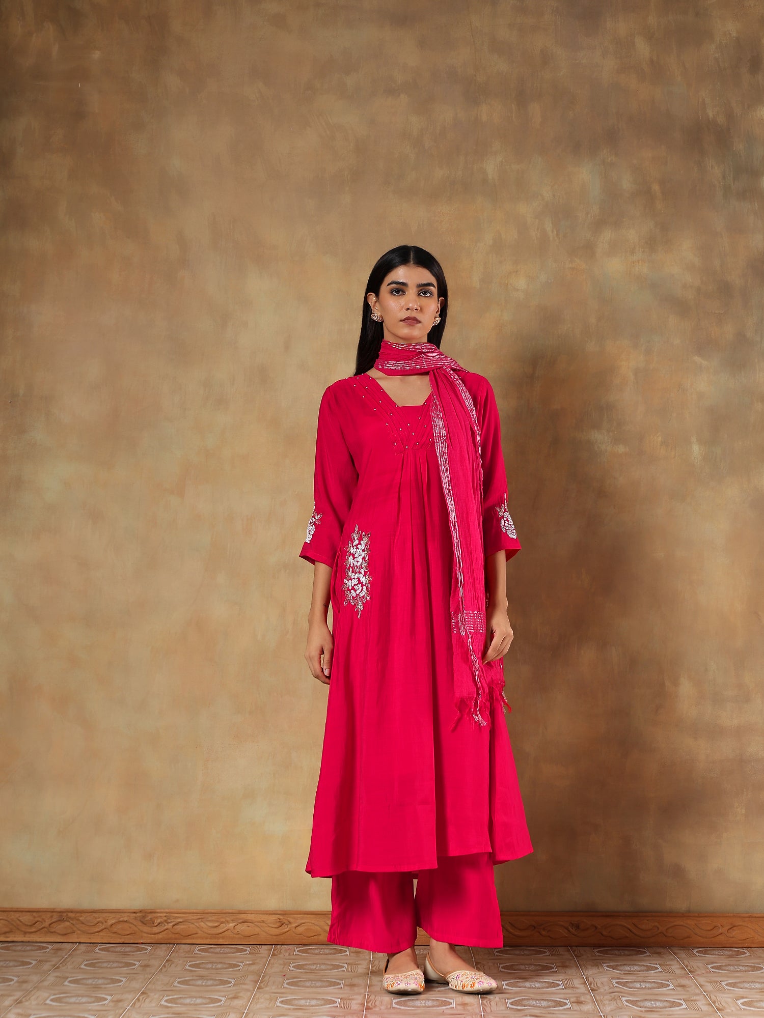 Aarini Fuchsia Mul Chanderi Embroidered 3-Piece Set - {1071/M}