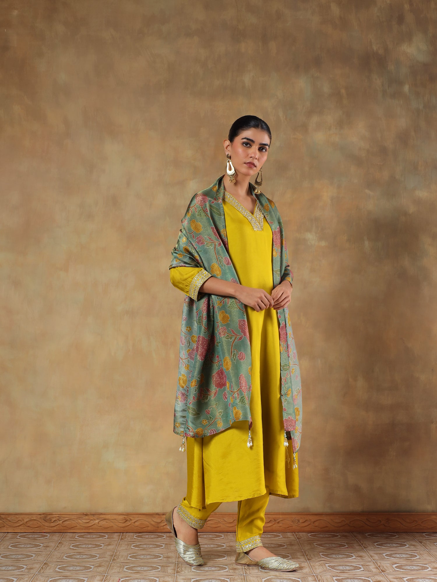 Ira Mustard Shimmer Silk Embroidered 3-Piece Set - {1065/M}
