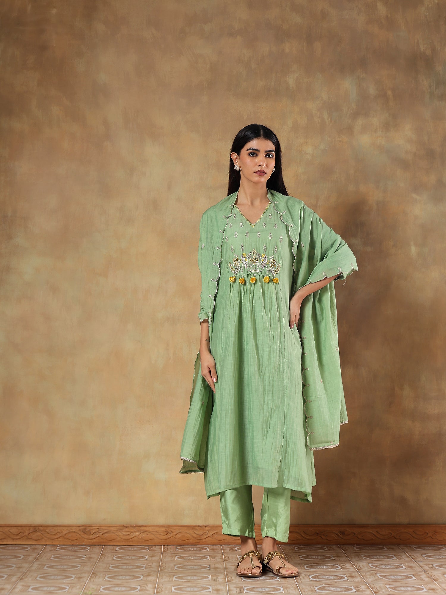 Kiyana Pistachio Mul Chanderi Embroidered 3-Piece Set - {1099/M}