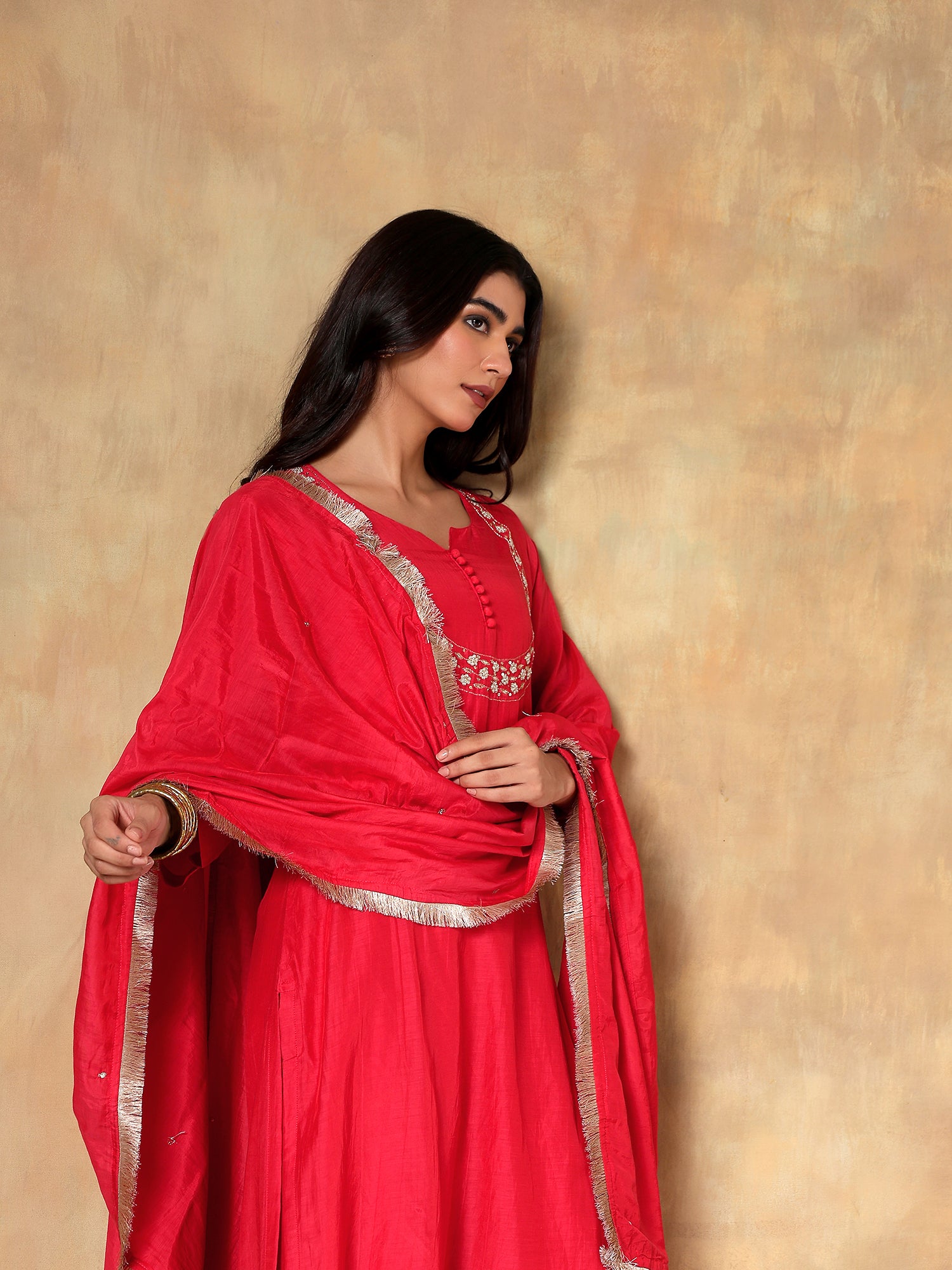 Crimson Red Embroidered Muslin 3-Piece Set - {2011}