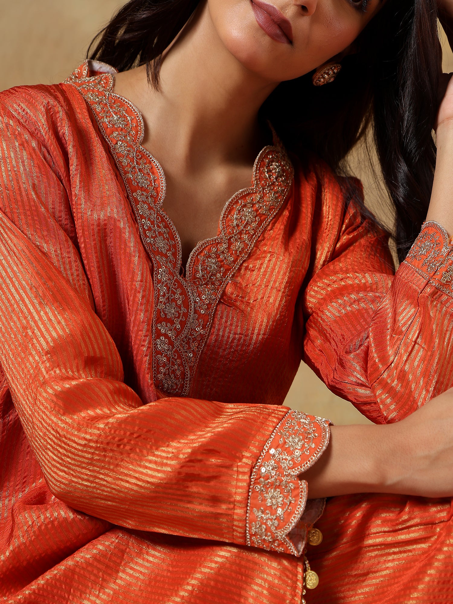 Striking Saffron-Orange Tissue-Silk Ensemble - Set Of 2- {1098}