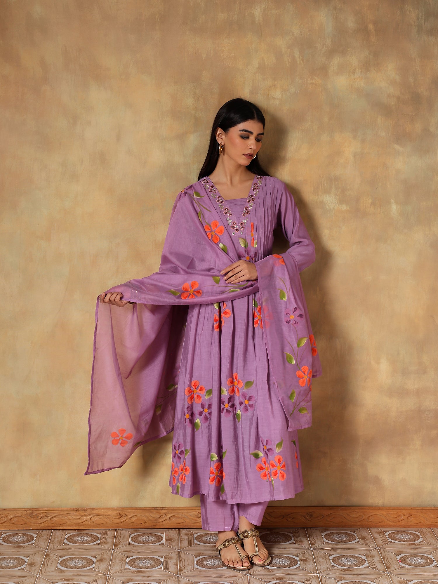 Tavisha Mul Chanderi Hand-Embroidered 3-Piece Set (Devri – D.No 1077)