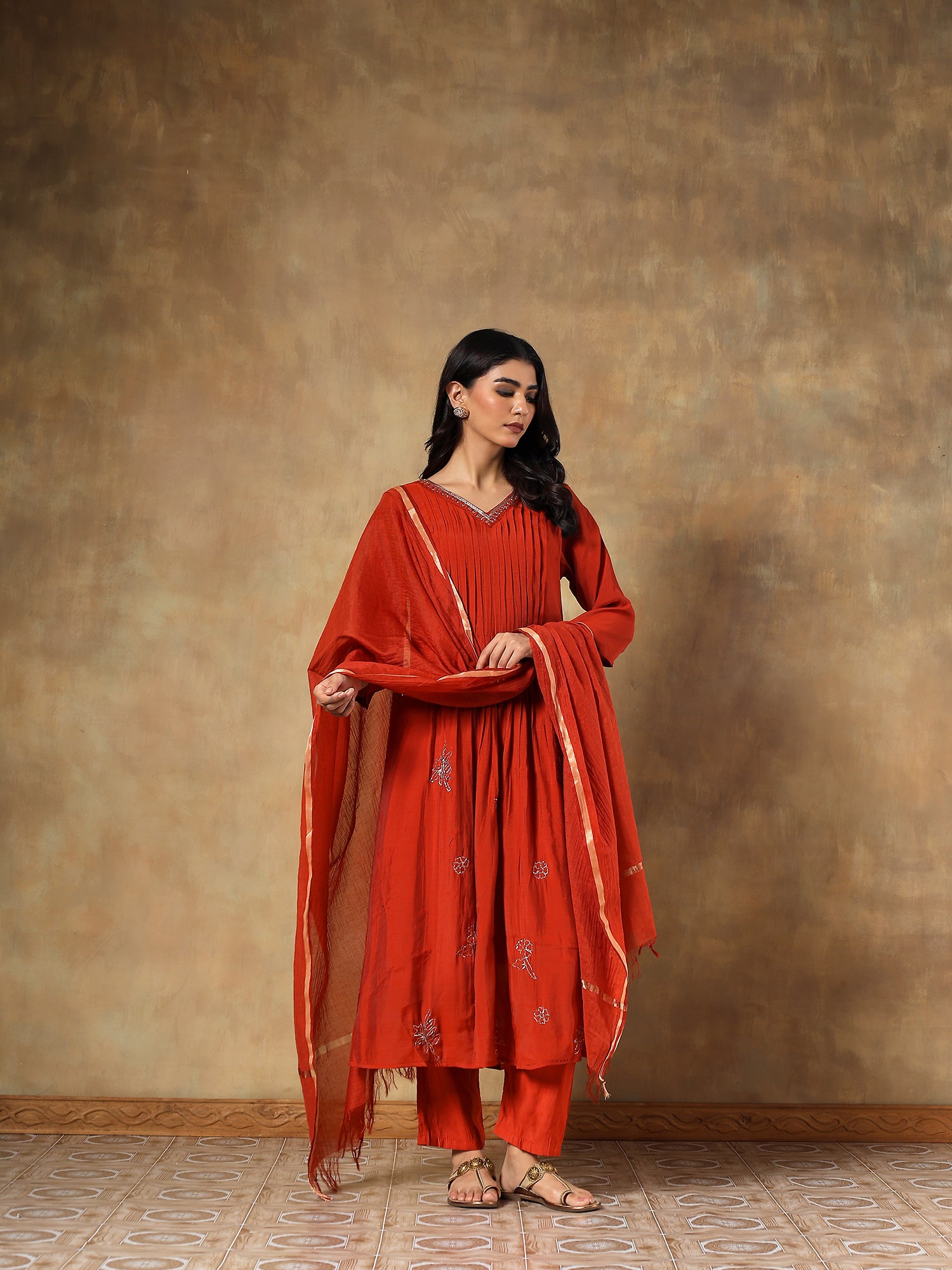 Sangria rust Mul Chanderi Embroidered 3-Piece Set - {1080}
