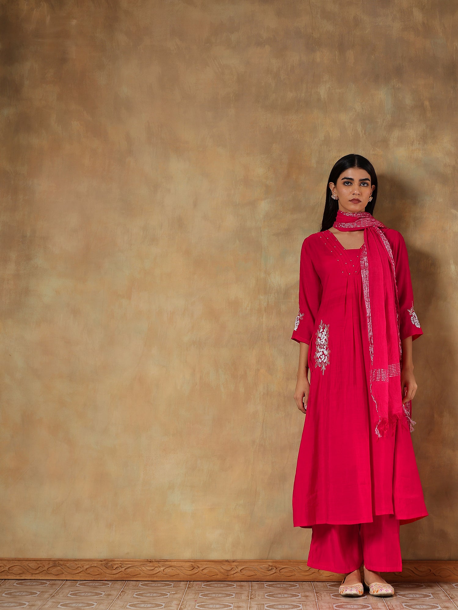 Aarini Fuchsia Mul Chanderi Embroidered 3-Piece Set - {1071/M}