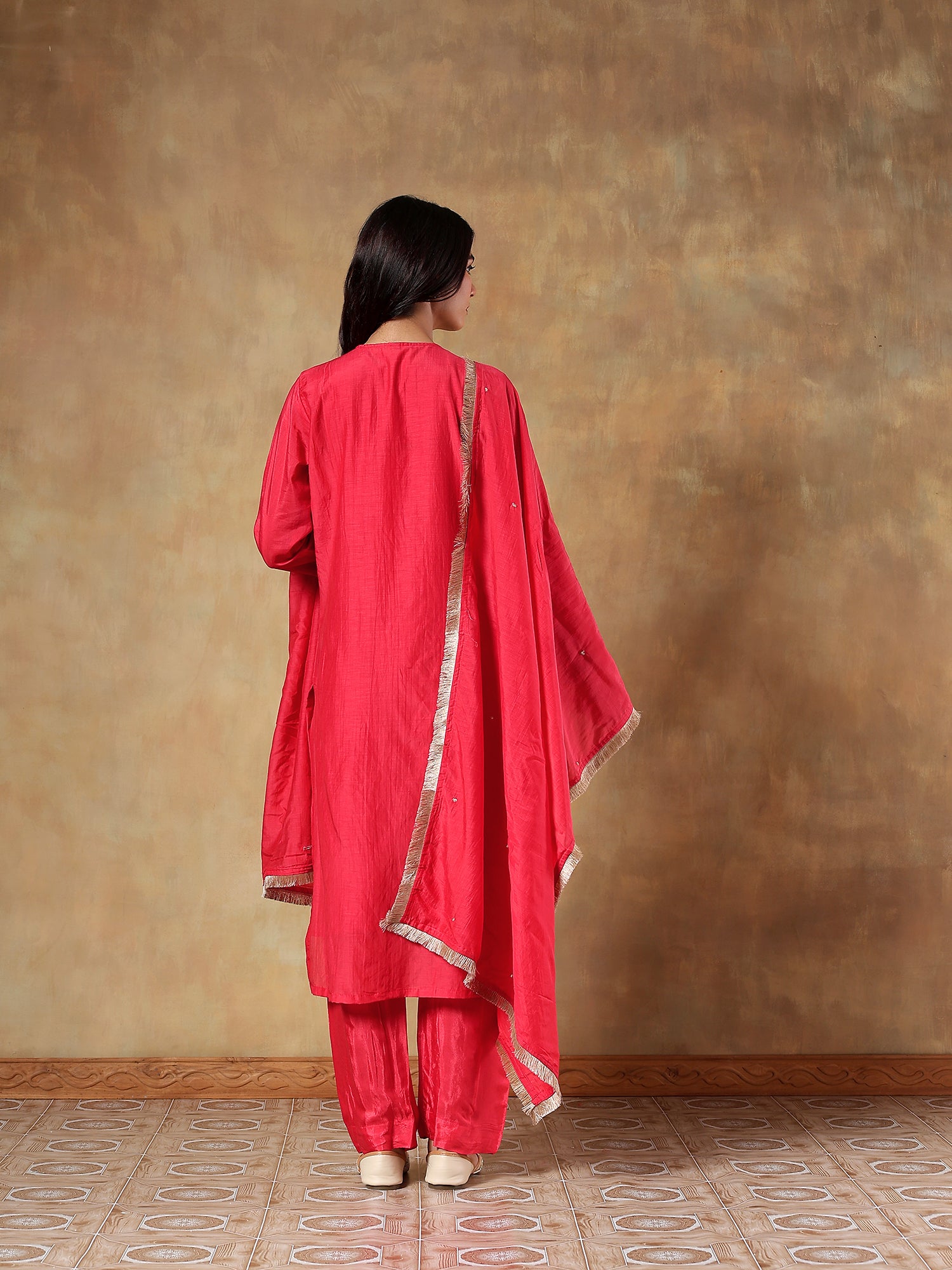 Crimson Red Embroidered Muslin 3-Piece Set - {2011}