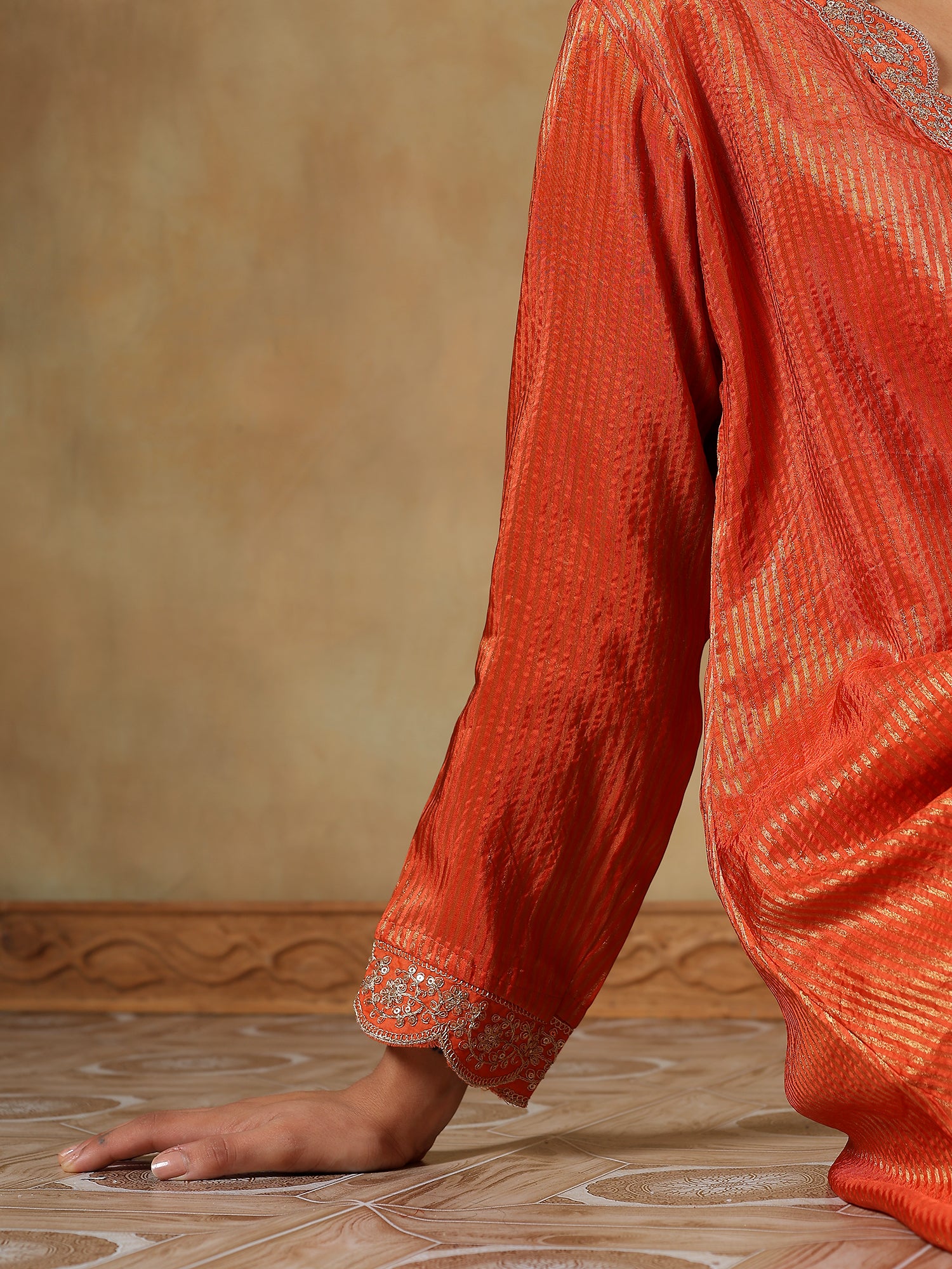 Striking Saffron-Orange Tissue-Silk Ensemble - Set Of 2- {1098}
