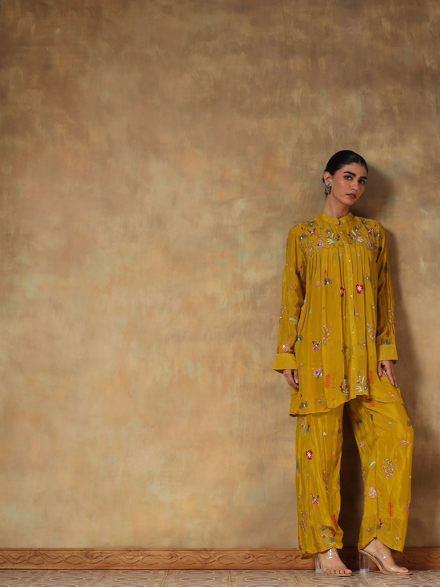 Amara Mustard Pure Chinon Embroidered 2-Piece Set - {1091/L}