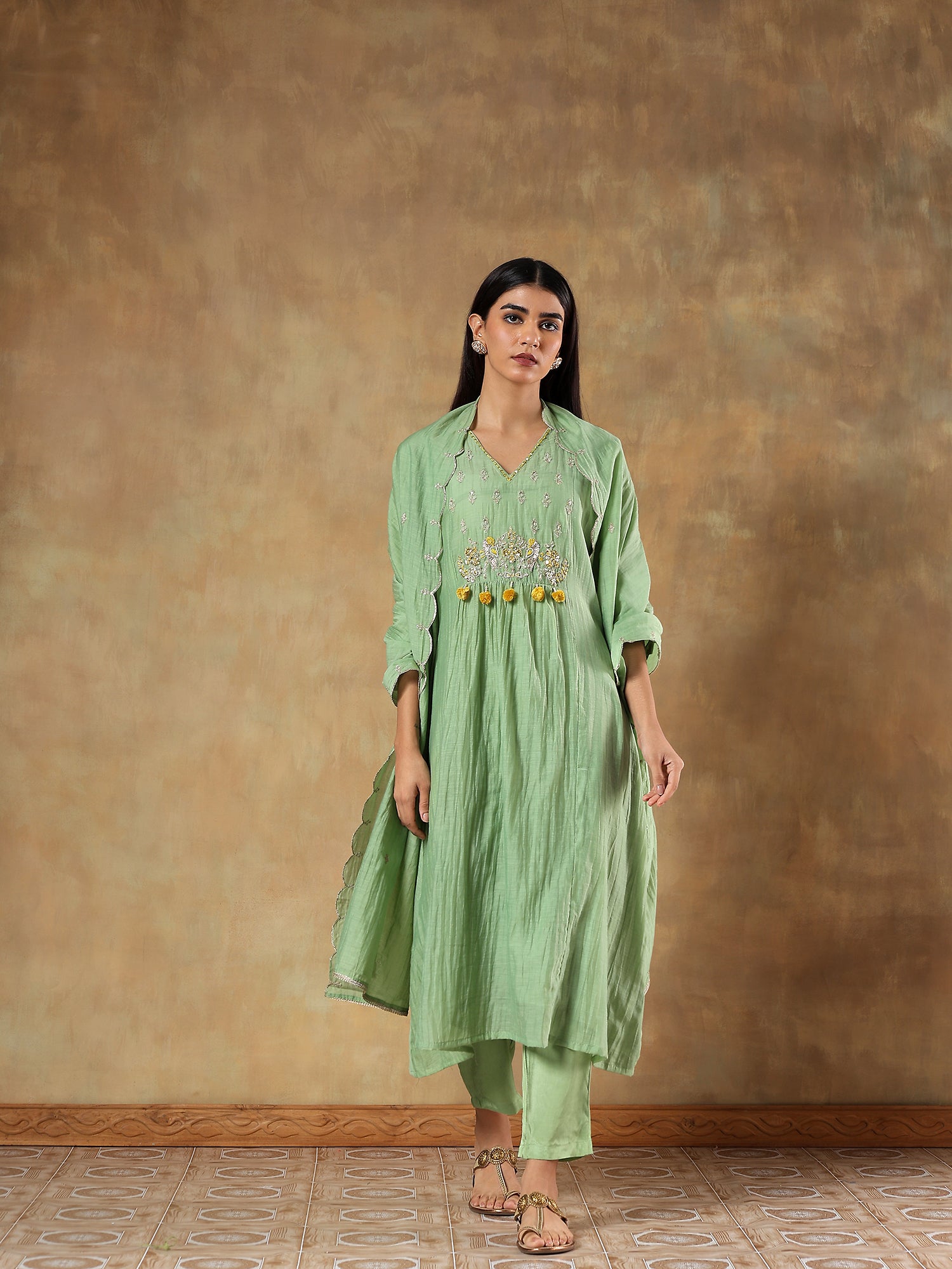 Kiyana Pistachio Mul Chanderi Embroidered 3-Piece Set - {1099/M}