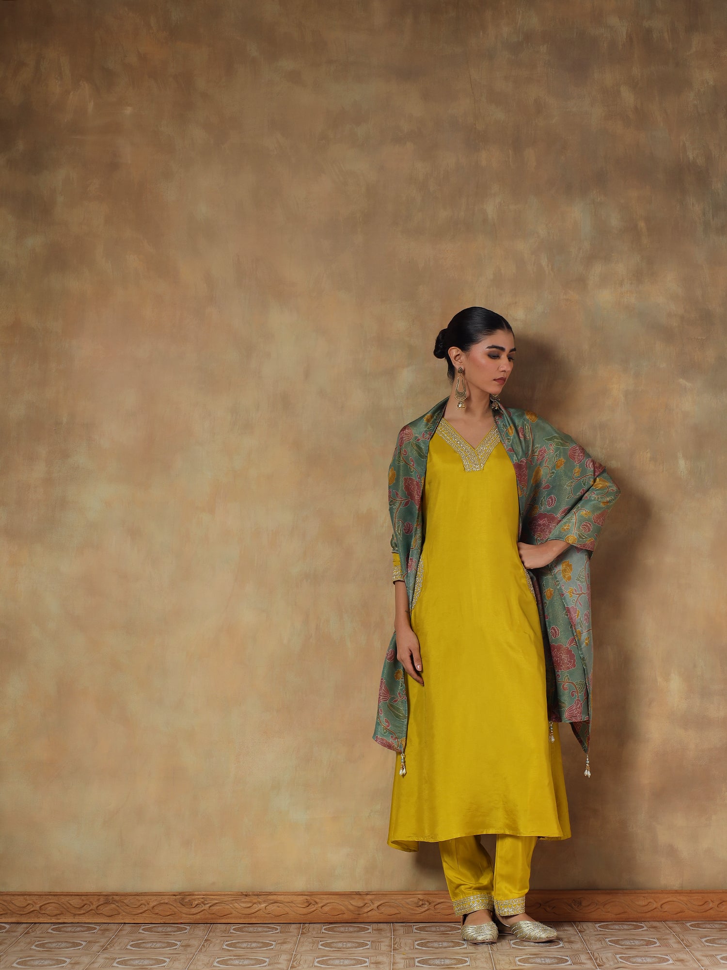 Ira Mustard Shimmer Silk Embroidered 3-Piece Set - {1065/M}