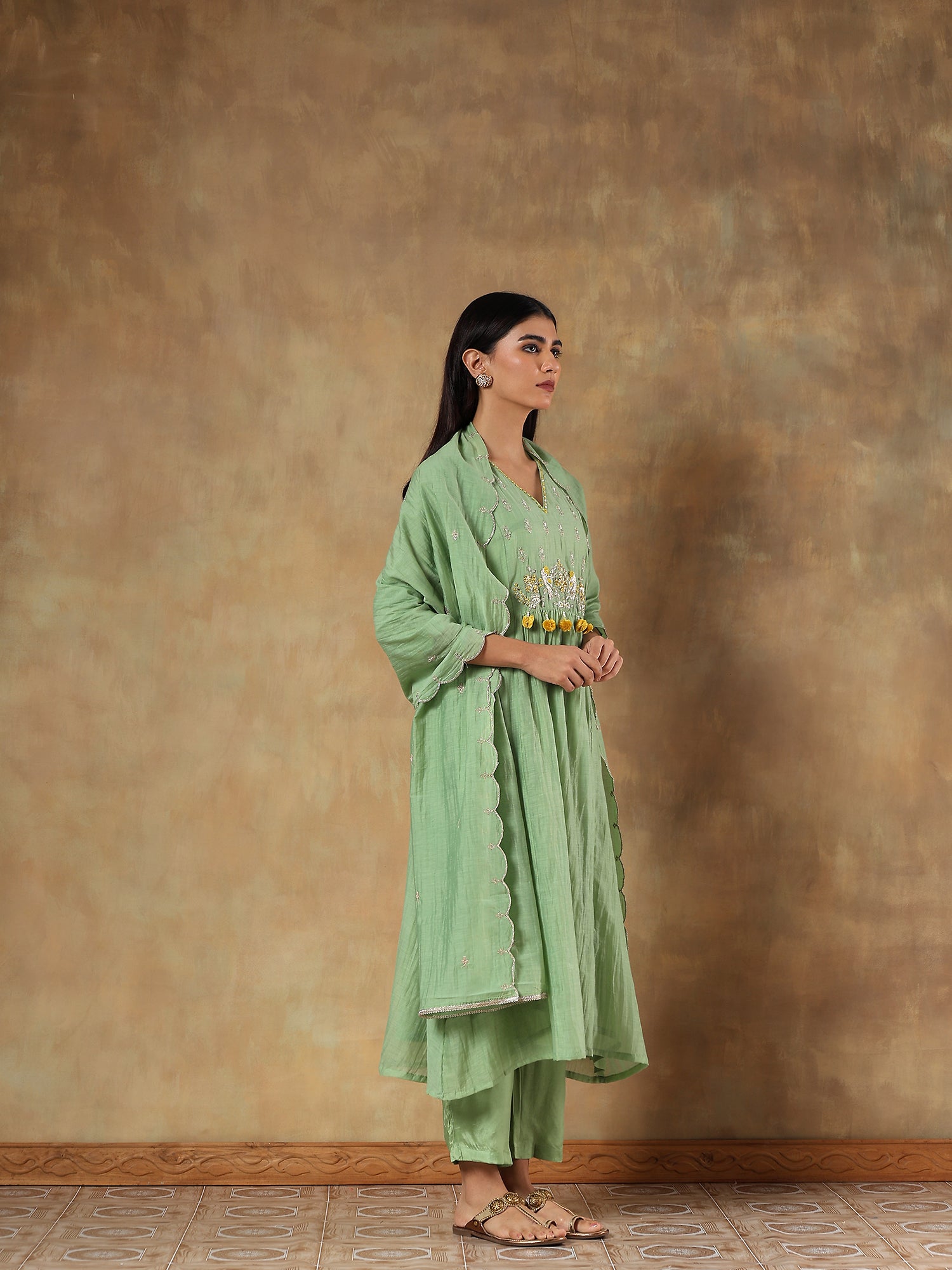 Kiyana Pistachio Mul Chanderi Embroidered 3-Piece Set - {1099/M}