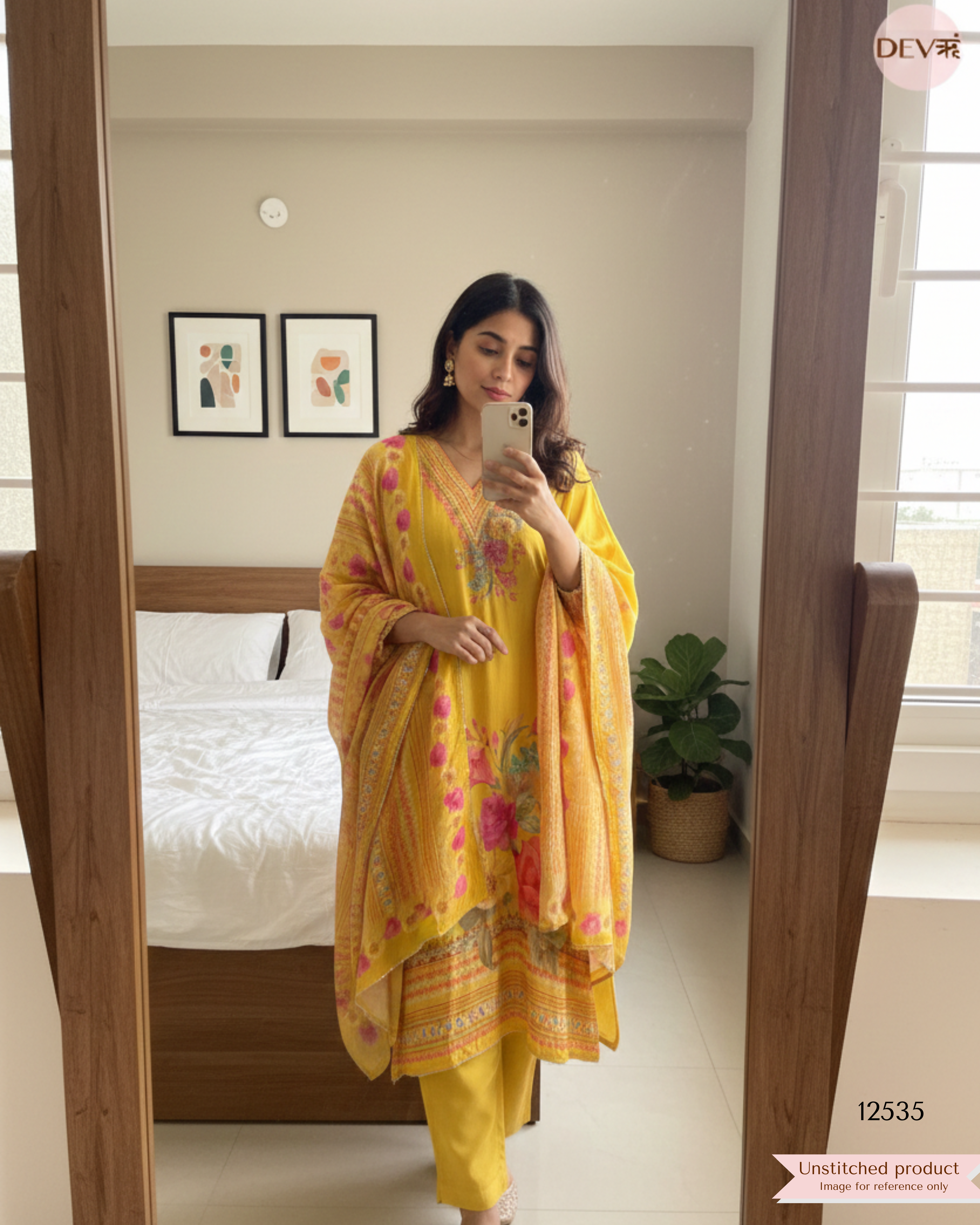 Yellow Muslin Printed Unstitched 3-Piece Suit (Devri – D.No. 12535)
