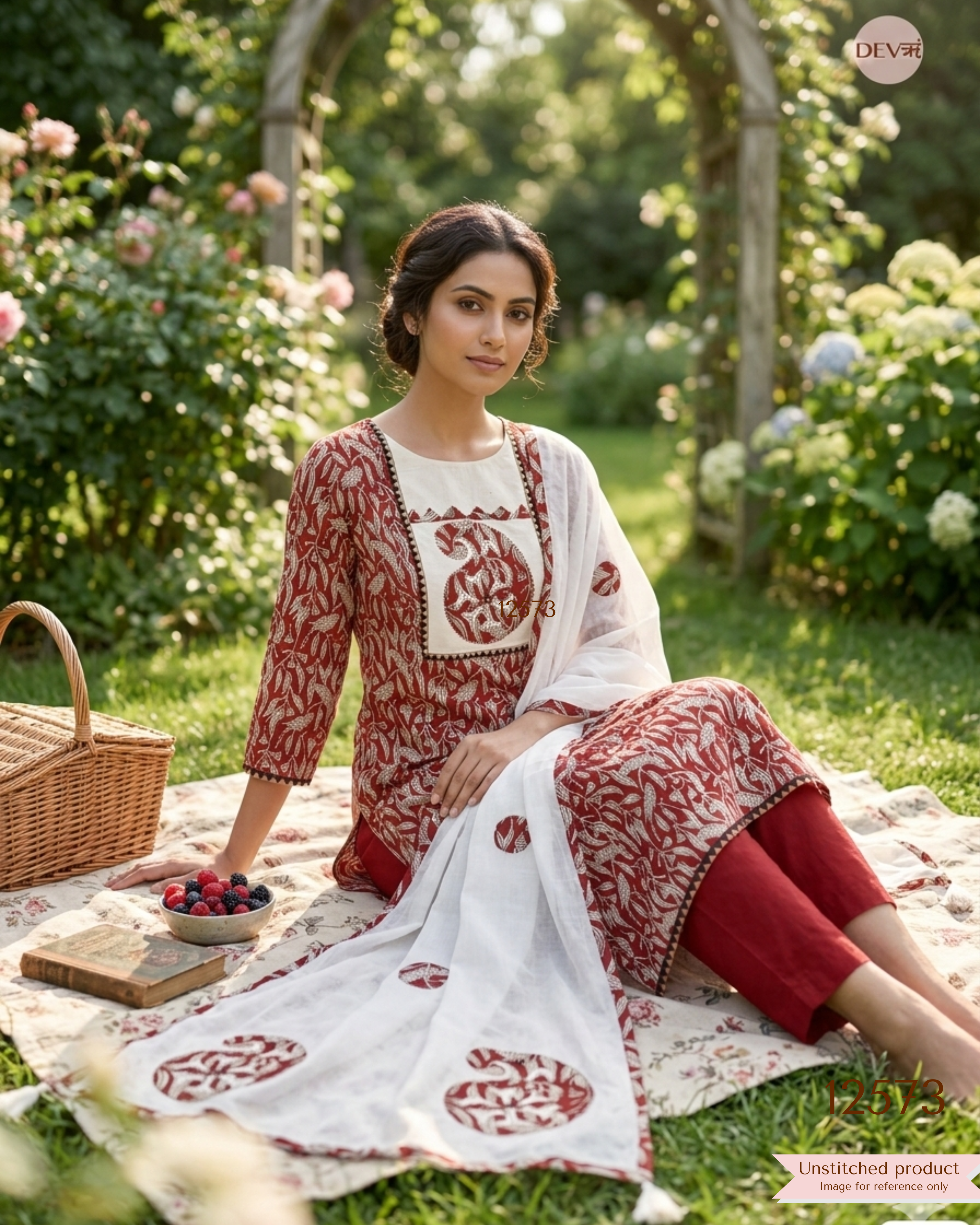 Maroon Cotton Foliage Print Unstitched 3-Piece Suit (Devri – D.No 12573)