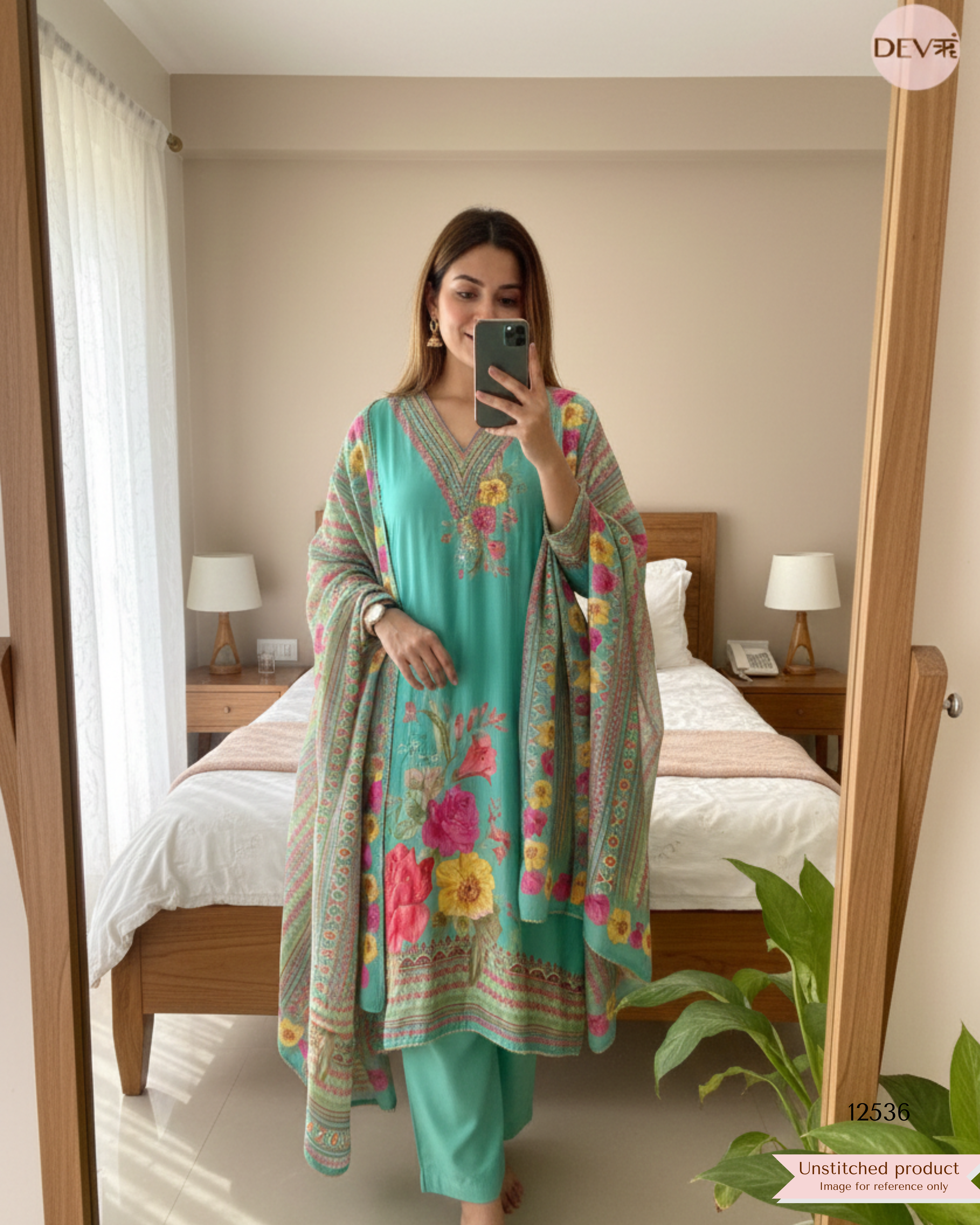 Sea Green Muslin Printed Unstitched 3-Piece Suit (Devri – D.No . 12536)