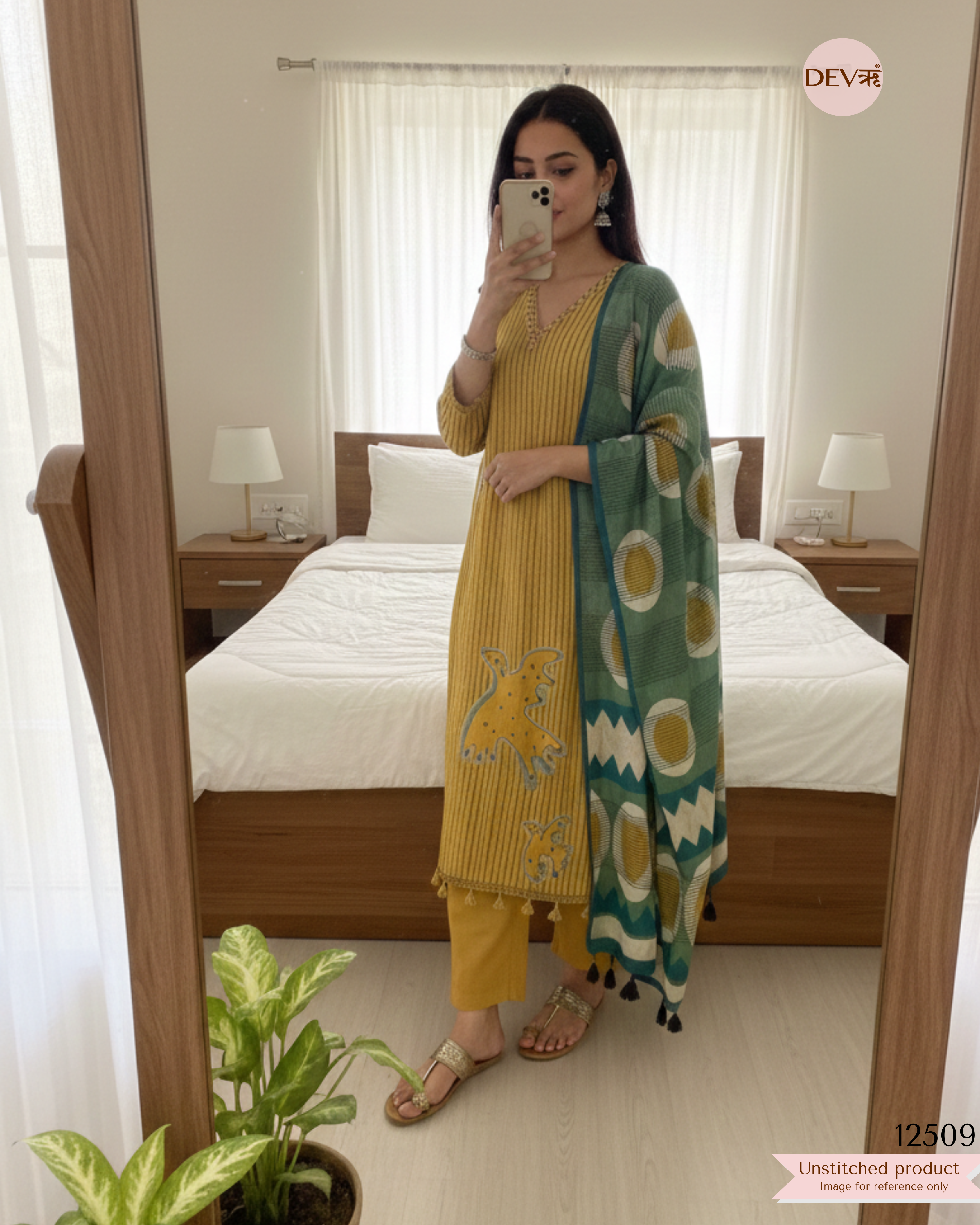 Mustard Muslin Printed Unstitched 3-Piece Suit (Devri – D.No 12509)