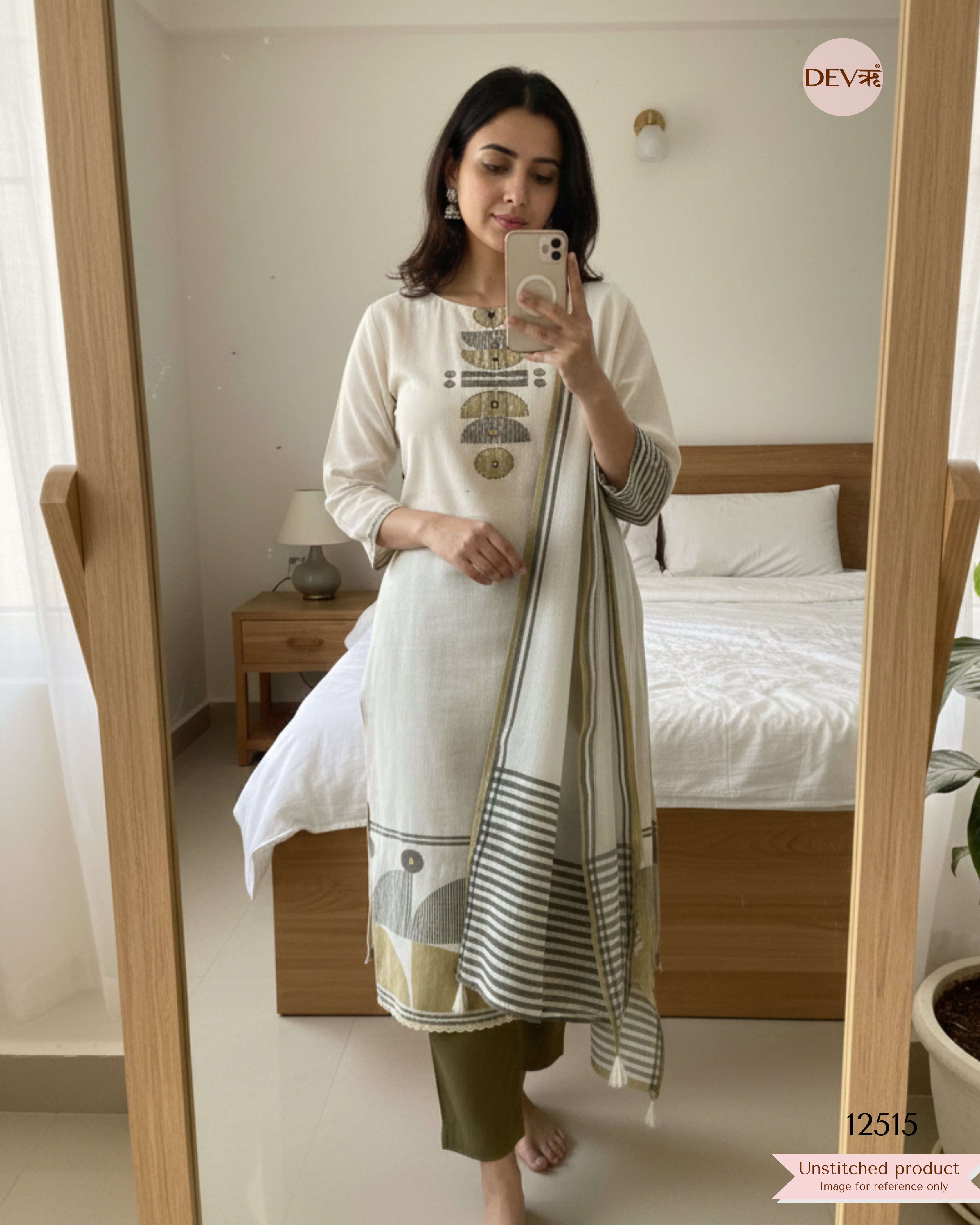 Ivory & Olive Linen Cotton Printed Unstitched 3-Piece Suit (Devri – D.No 12515)