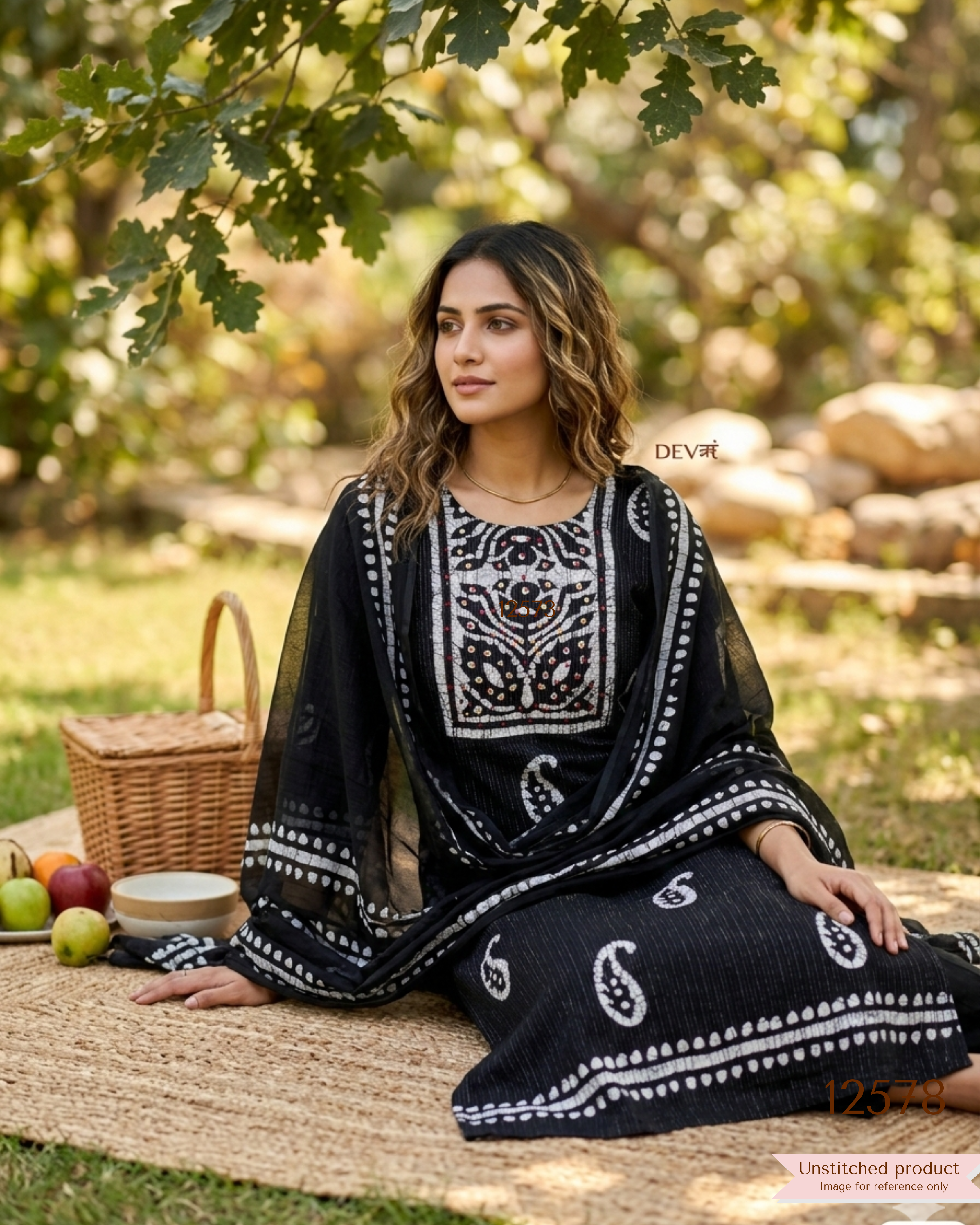 Black Cotton Batik Printed Unstitched 3-Piece Suit (Devri – D.No 12578)