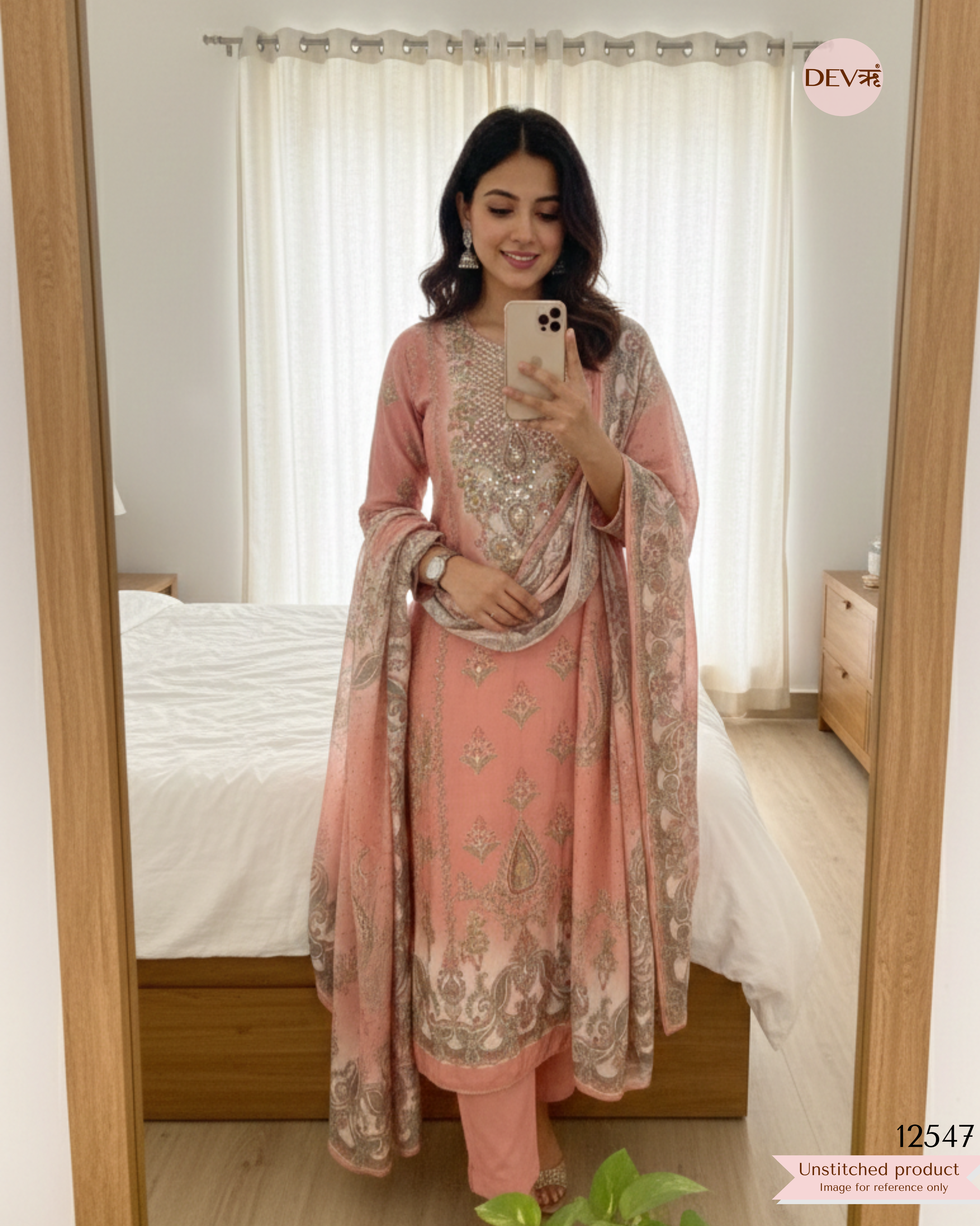 Peach Muslin Embroidered Unstitched 3-Piece Suit (Devri – D.No 12547)