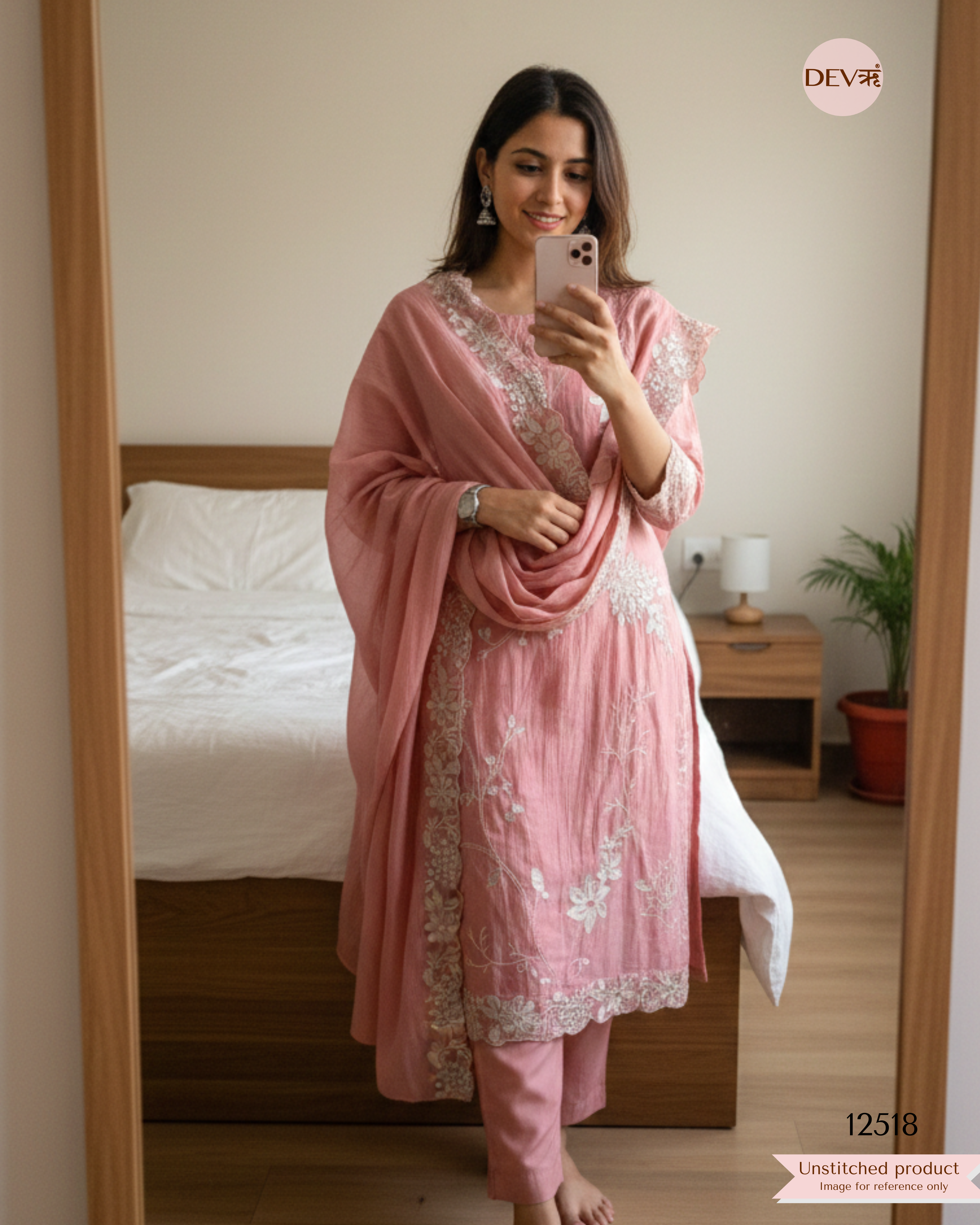 Pink Mul Cotton Embroidered Unstitched 3-Piece Suit (Devri – D.No 12518)