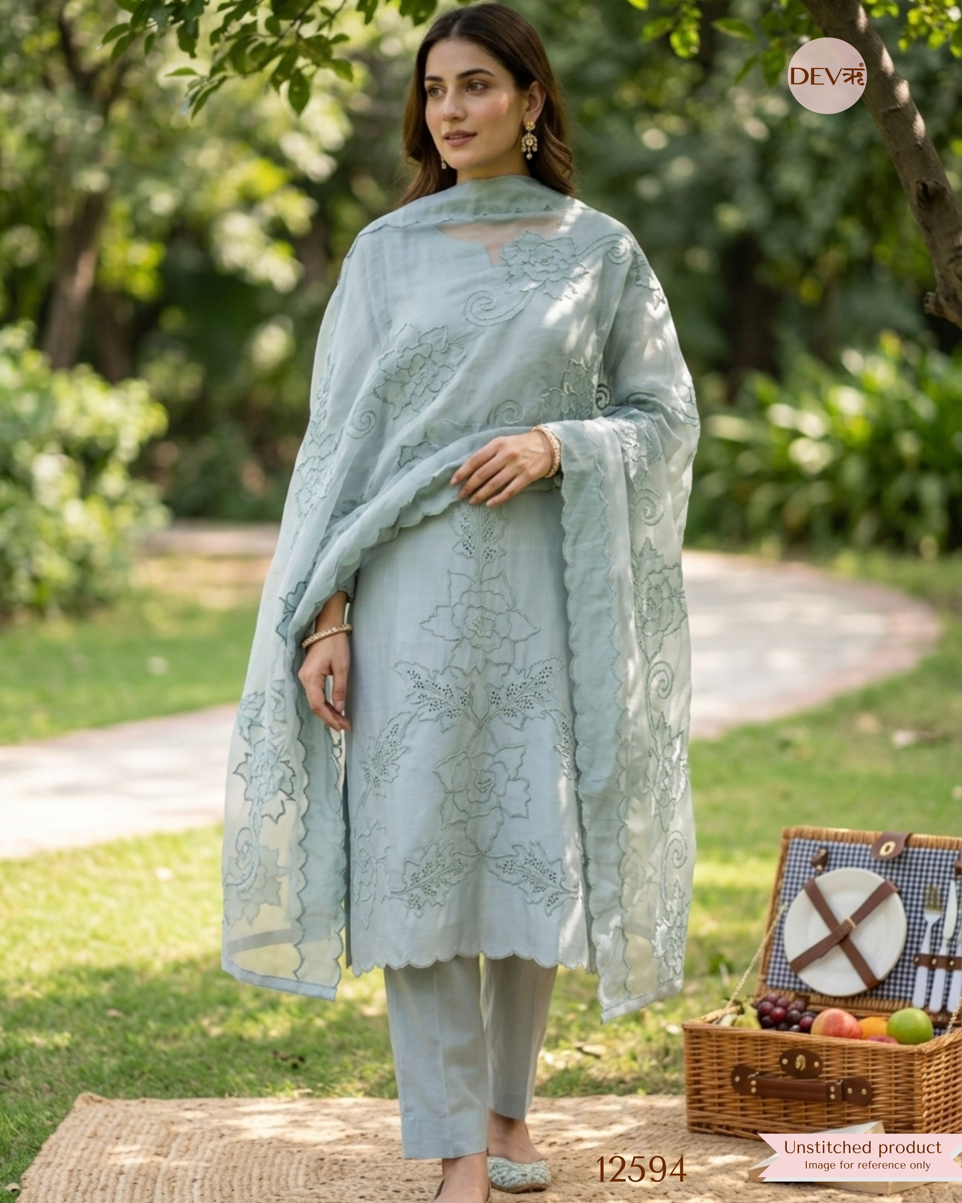Sea Green Modal Silk Embroidered Unstitched 3-Piece Suit (Devri – D.No 12594)