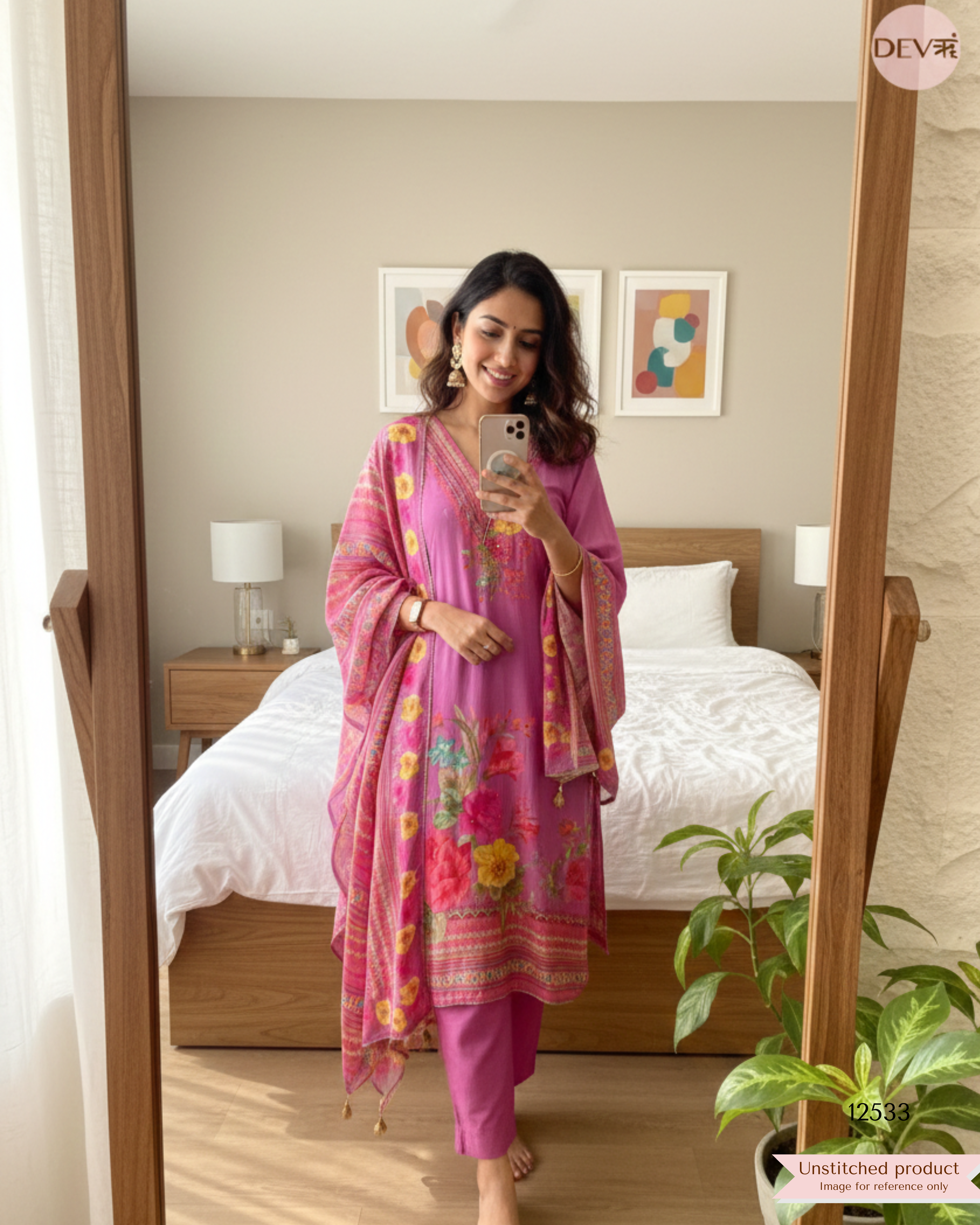 Rose Pink Muslin Printed Unstitched 3-Piece Suit (Devri – D.No. 12533)