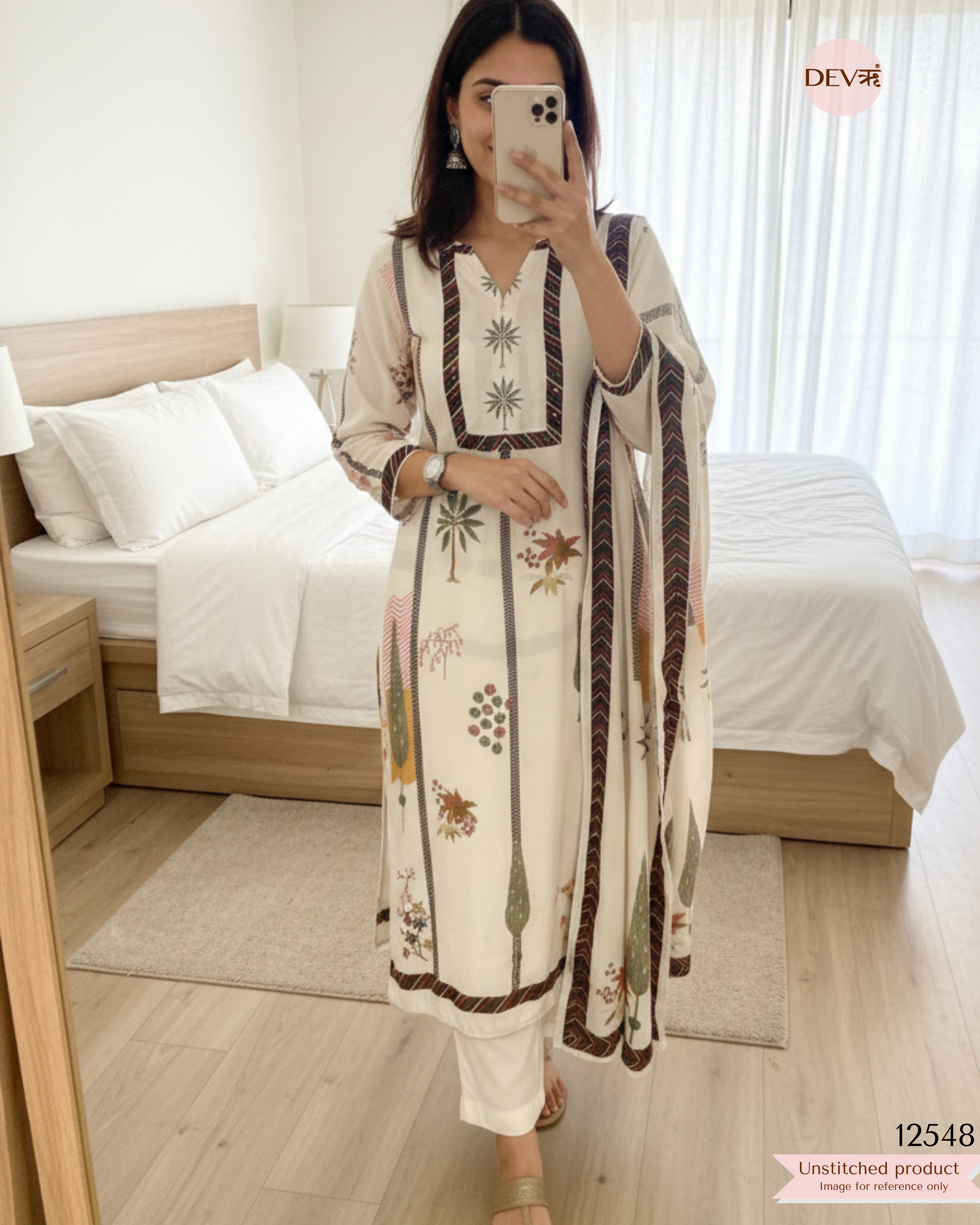 Off-White Muslin Printed Unstitched 3-Piece Suit (Devri – D.No 12548)