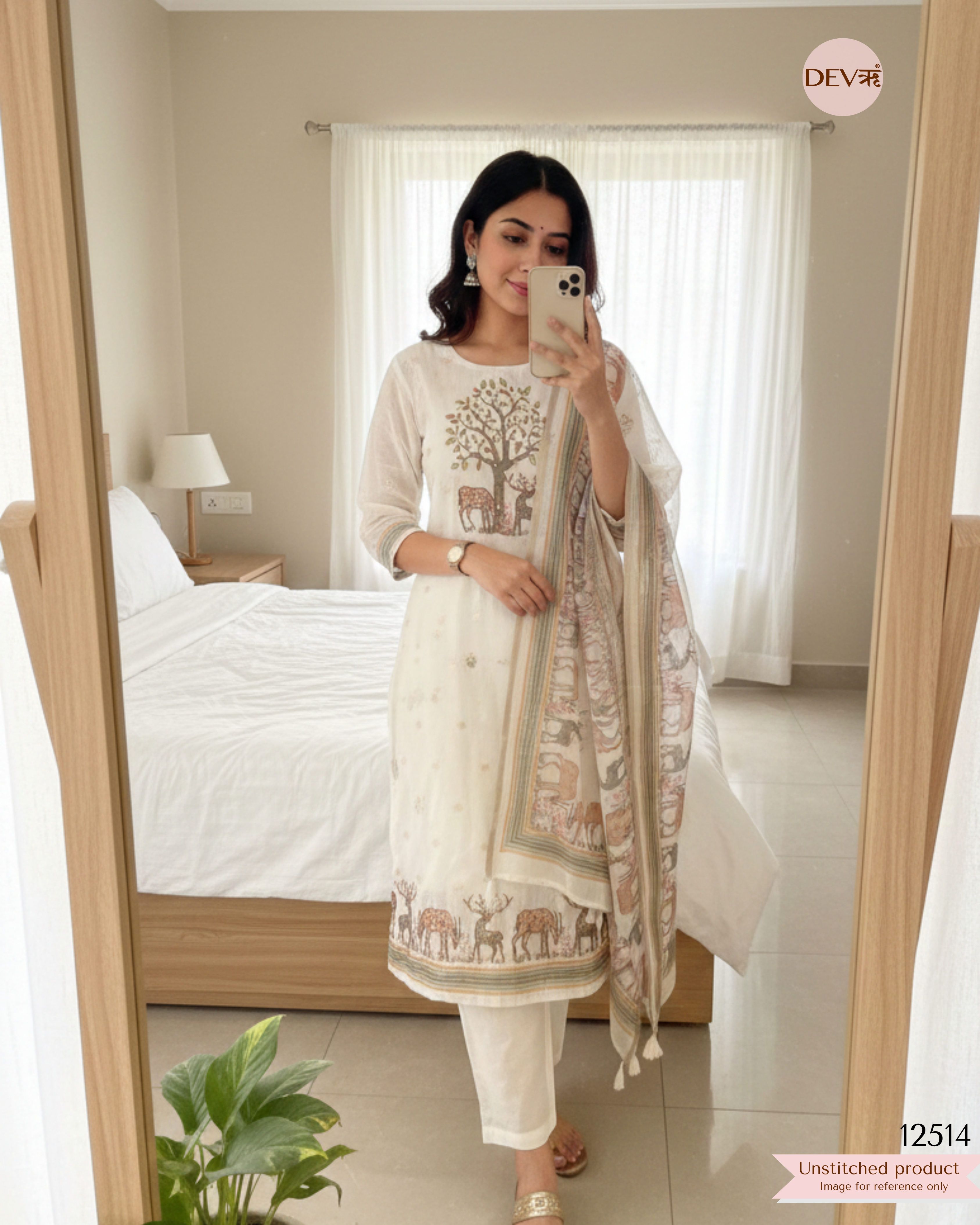 Cream Kota Silk Embroidered Unstitched 3-Piece Suit (Devri – D.No 12514)