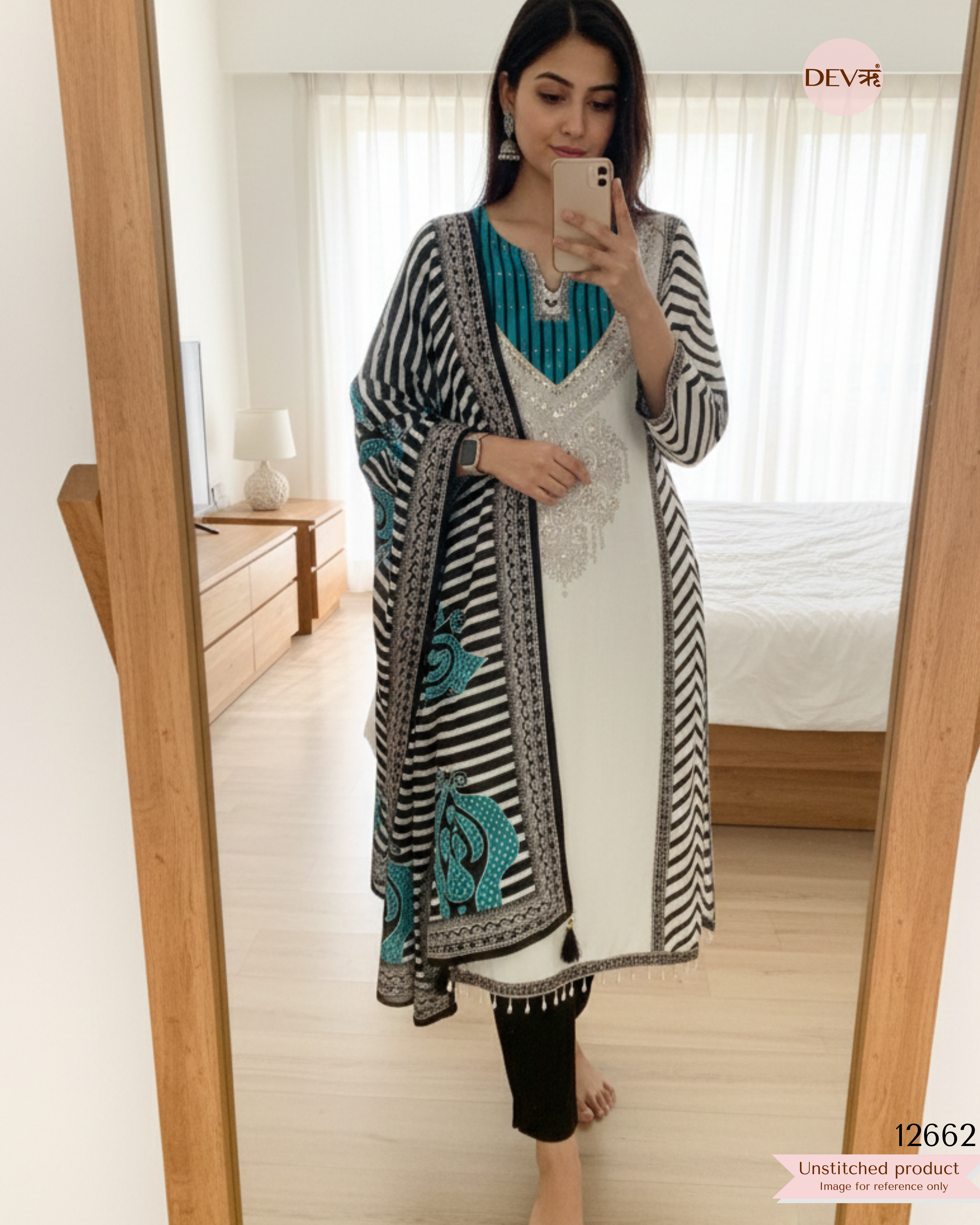 Ivory & Teal Muslin Printed Unstitched 3-Piece Suit (Devri – D.No . 12662)