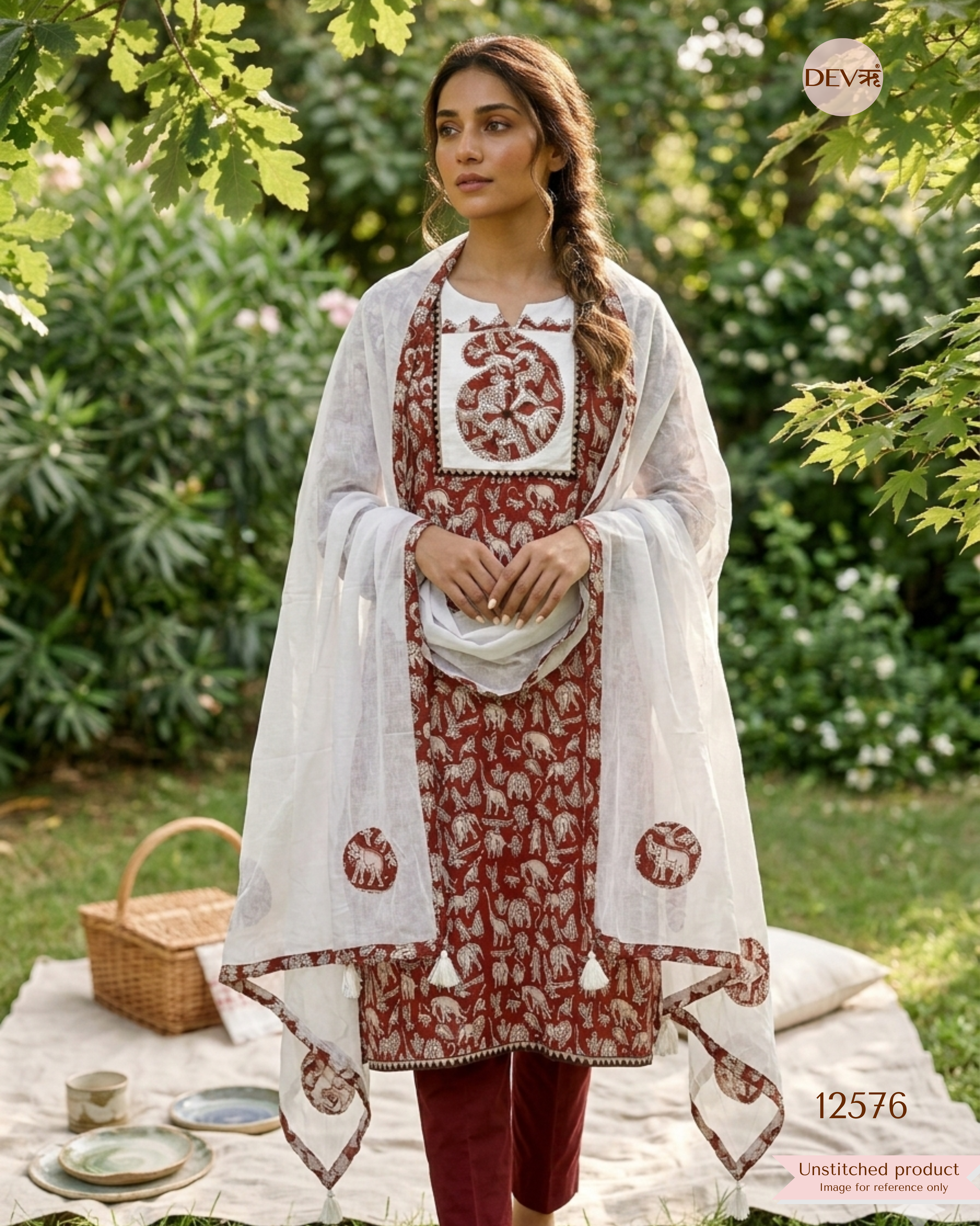 Maroon Cotton Animal Print Unstitched 3-Piece Suit (Devri – D.No 12576)