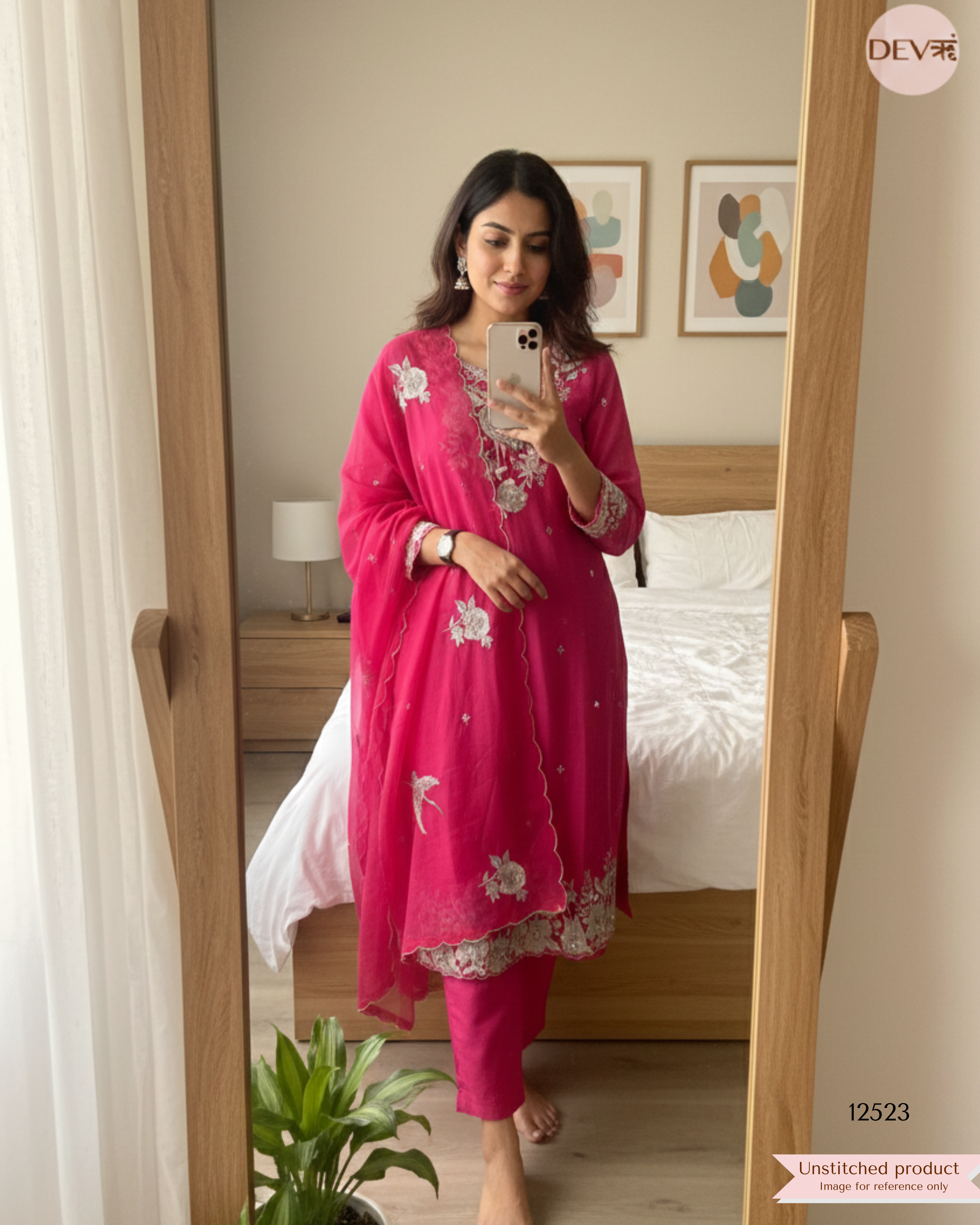 Deep Pink Pure Mul Chanderi Embroidered Unstitched 3-Piece Suit (Devri – D.No .12523)