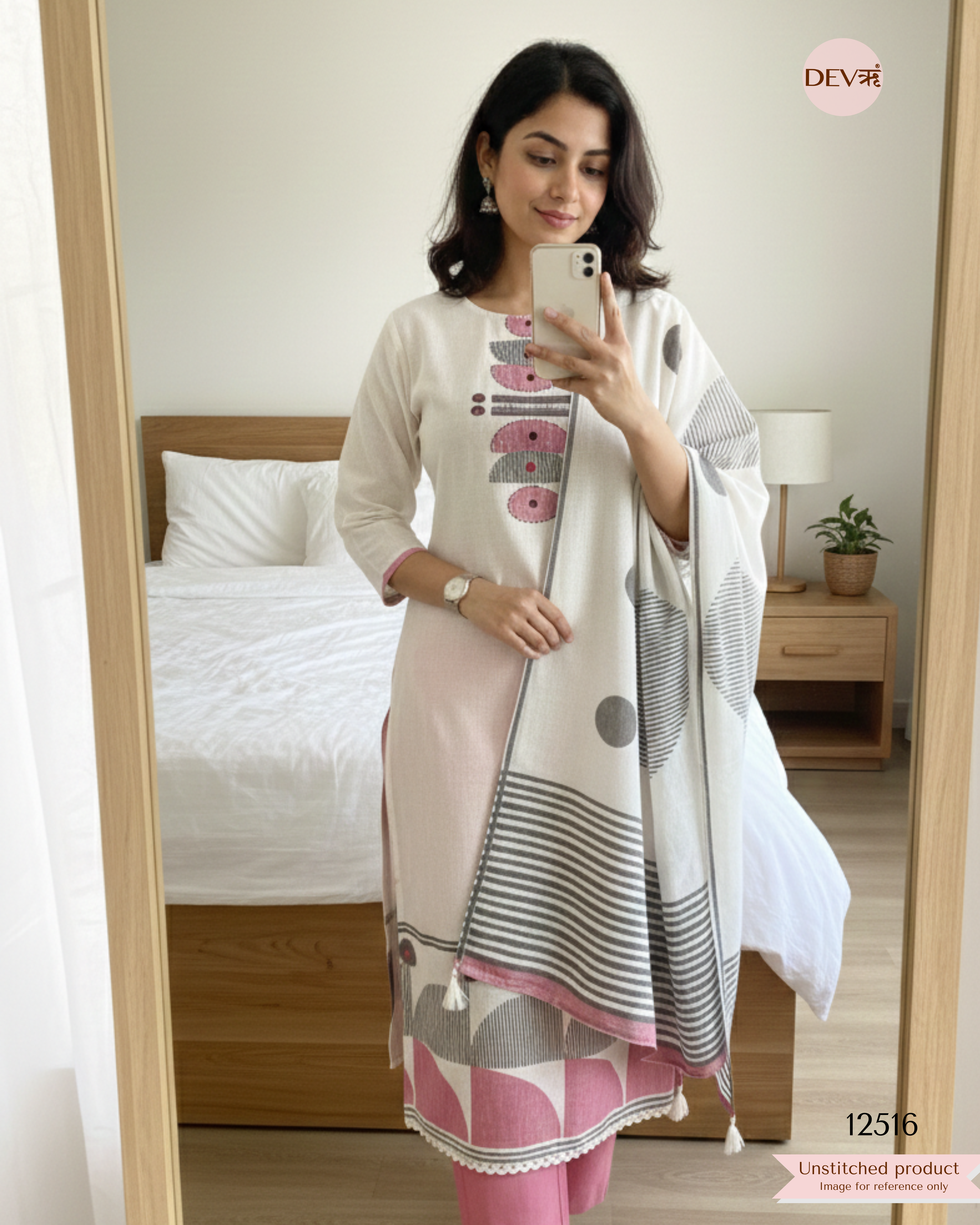 Ivory Linen Cotton Printed Unstitched 3-Piece Suit (Devri – D.No . 12516)