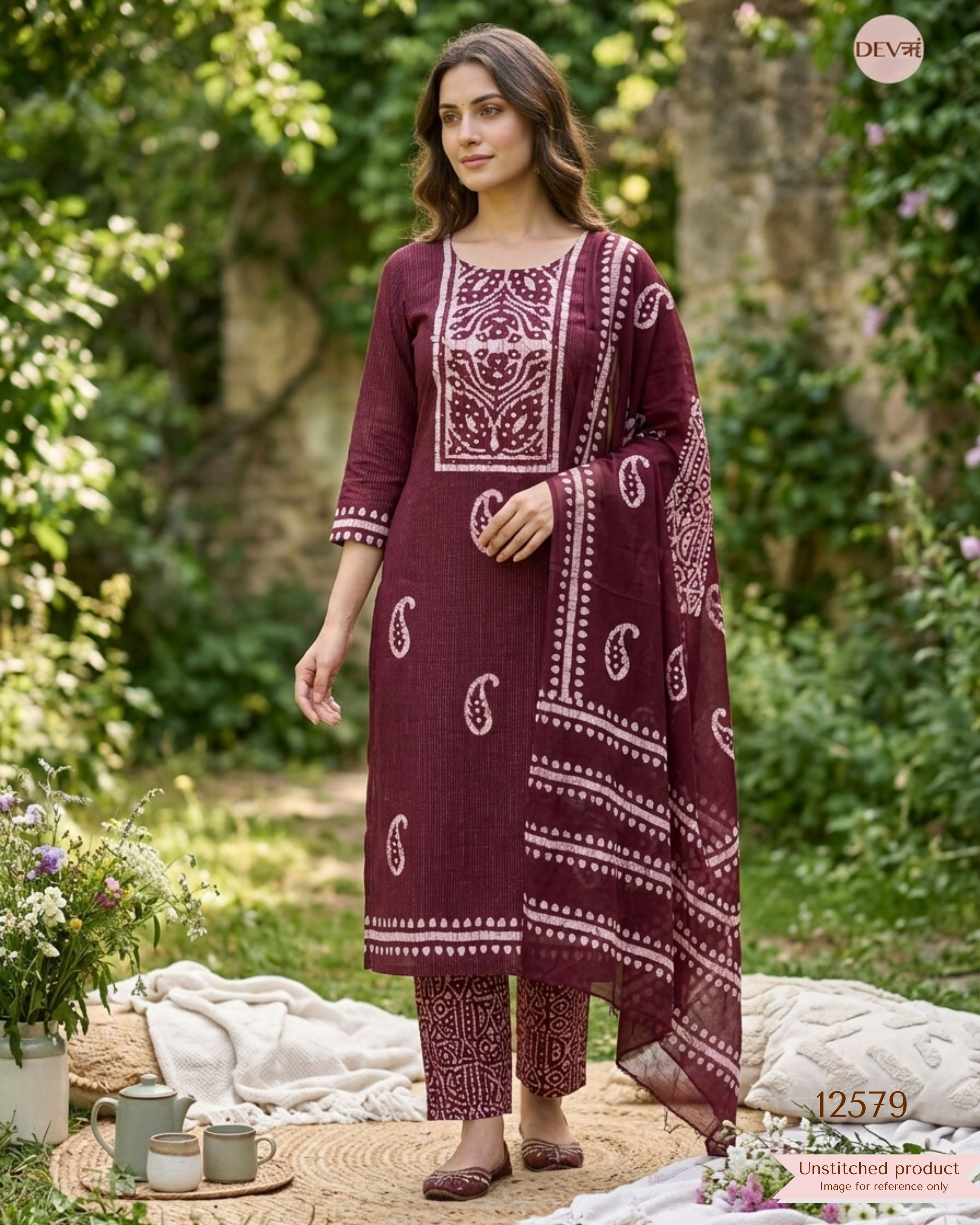 Wine Cotton Batik Printed Unstitched 3-Piece Suit (Devri – D.No 12579)