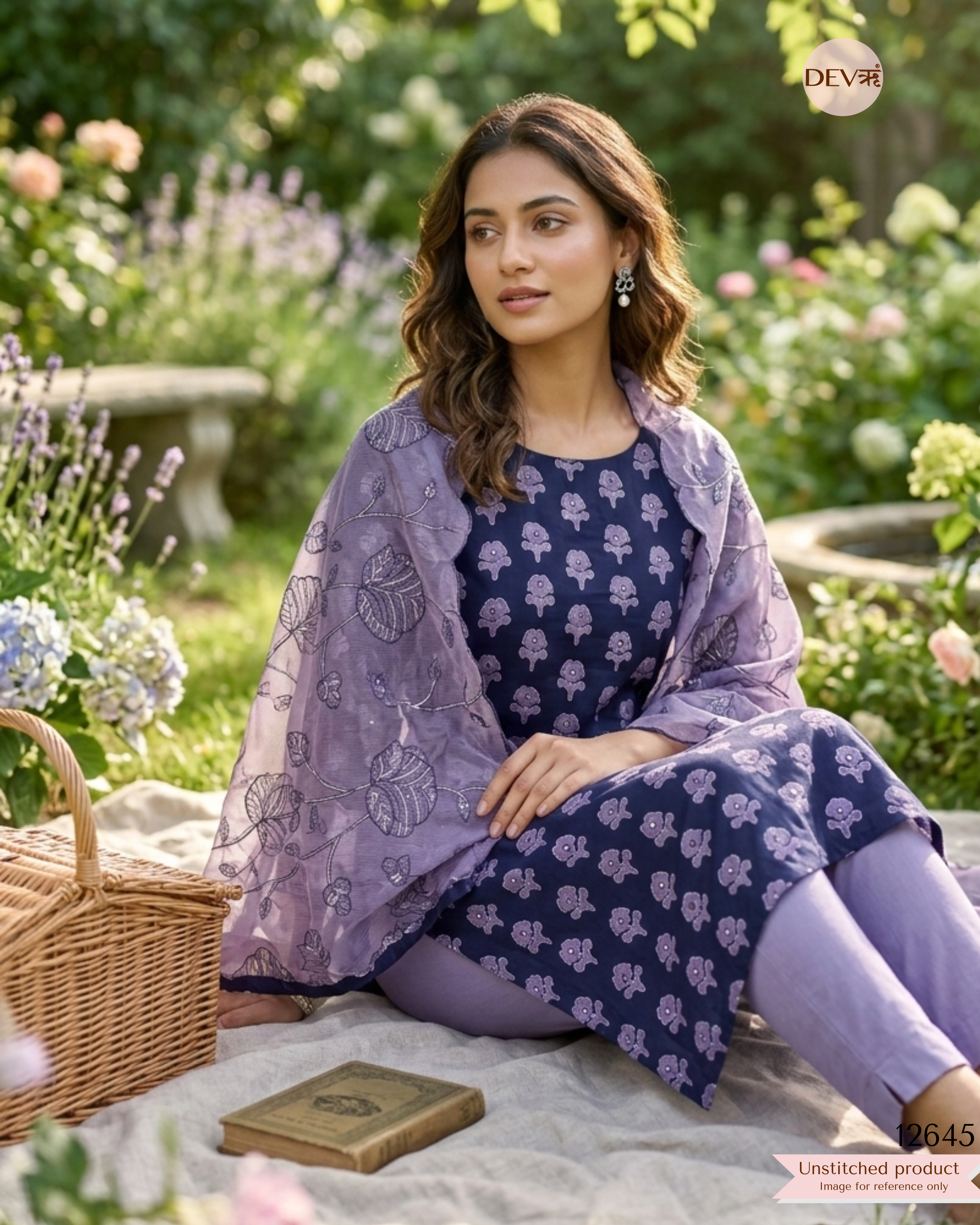 Navy Blue Cotton Printed Unstitched 3-Piece Suit (Devri – D.No 12645)