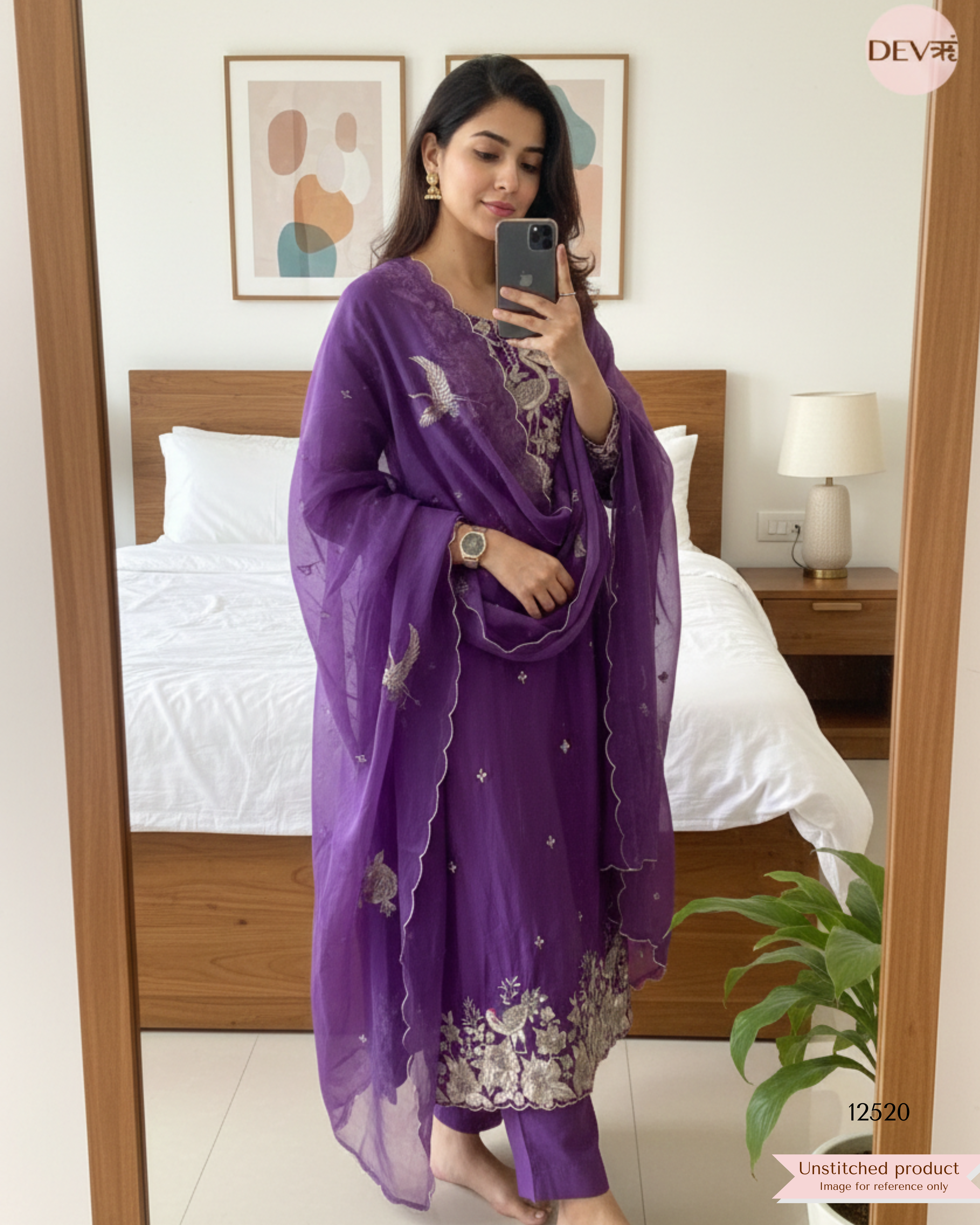 Royal Purple Pure Mul Chanderi Embroidered Unstitched 3-Piece Suit (Devri – D.No . 12520)