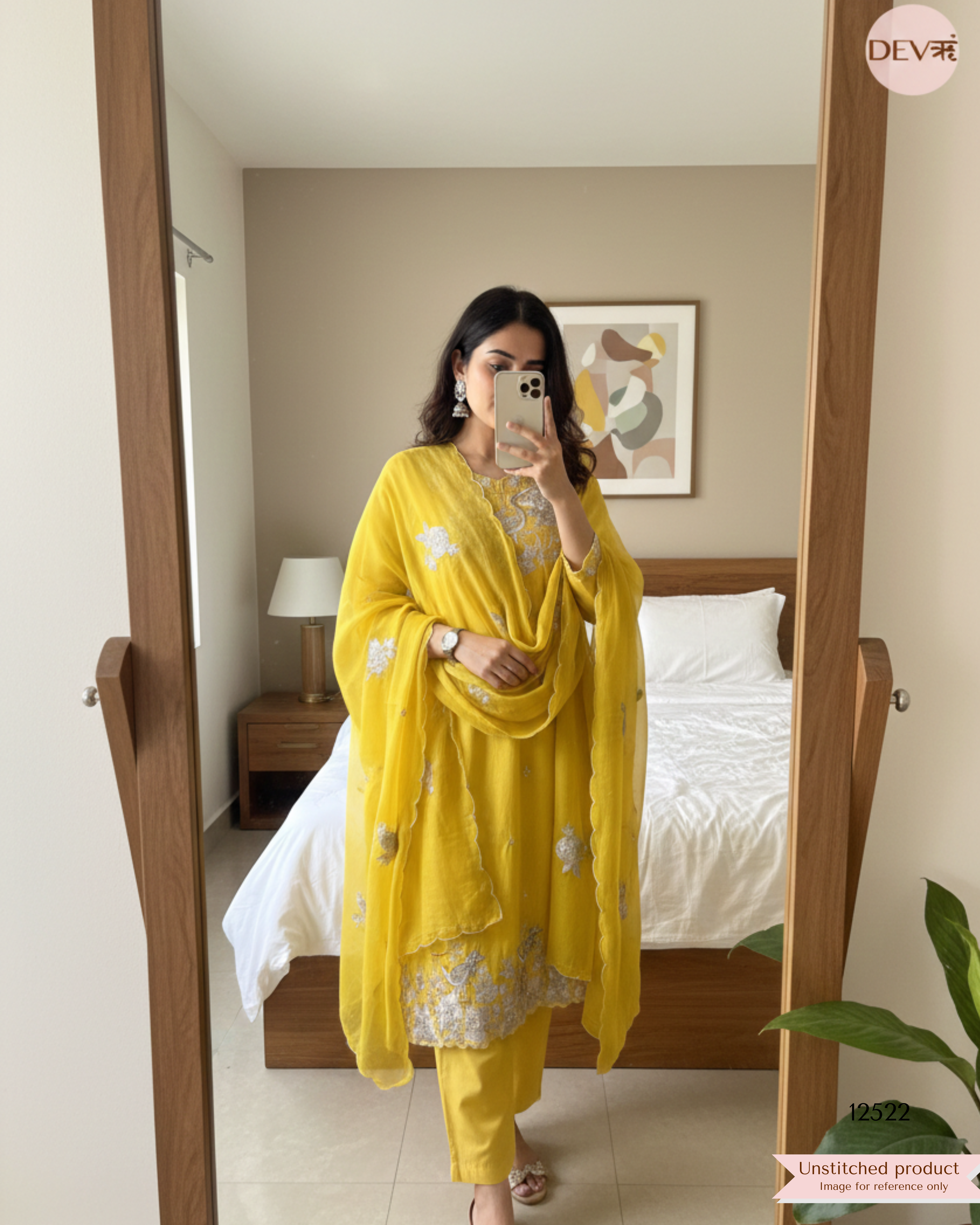 Yellow Pure Mul Chanderi Embroidered Unstitched 3-Piece Suit (Devri – D.No 12522)