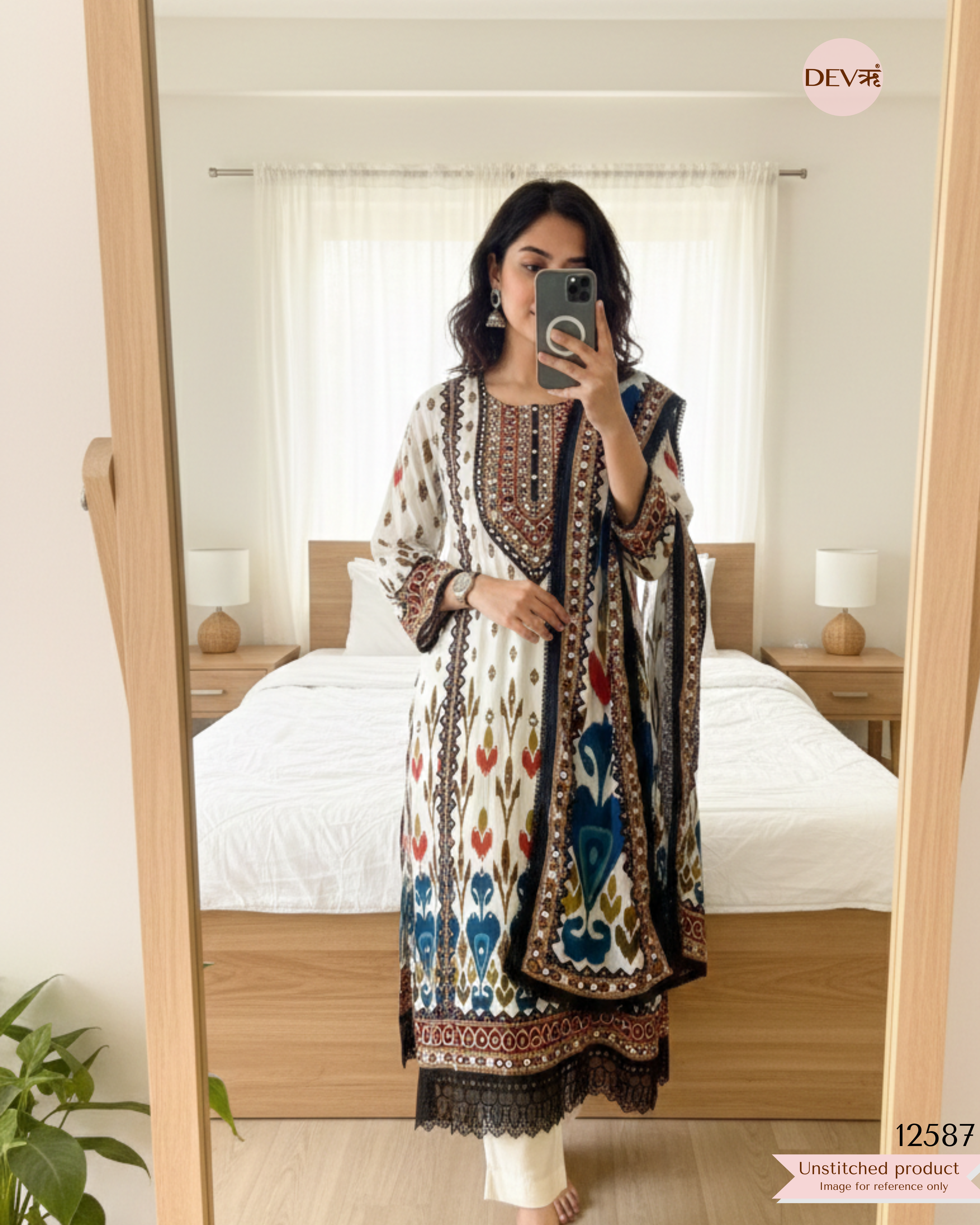 White Muslin Printed Unstitched 3-Piece Suit (Devri – D.No 12587)