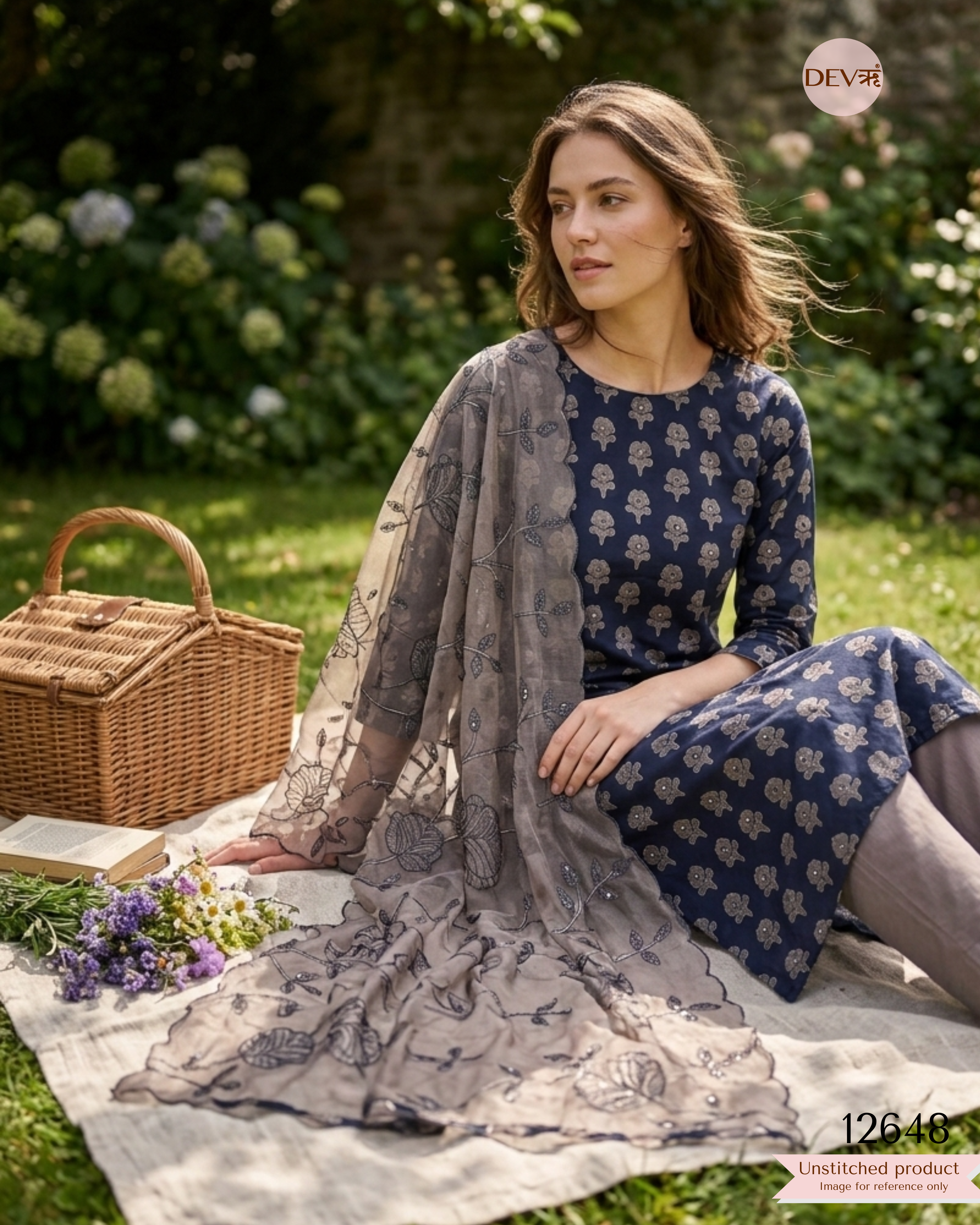 Navy Blue Cotton Embroidered Unstitched 3-Piece Suit (Devri – D.No 12648)